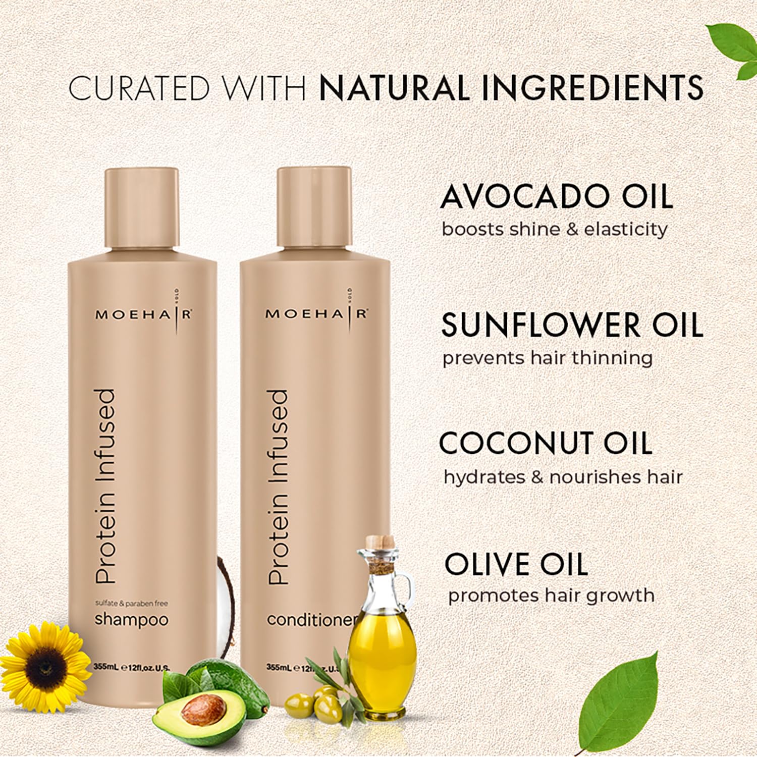MOEHAIR Protein-Infused Shampoo and Conditioner Set for Dry, Damaged Hair