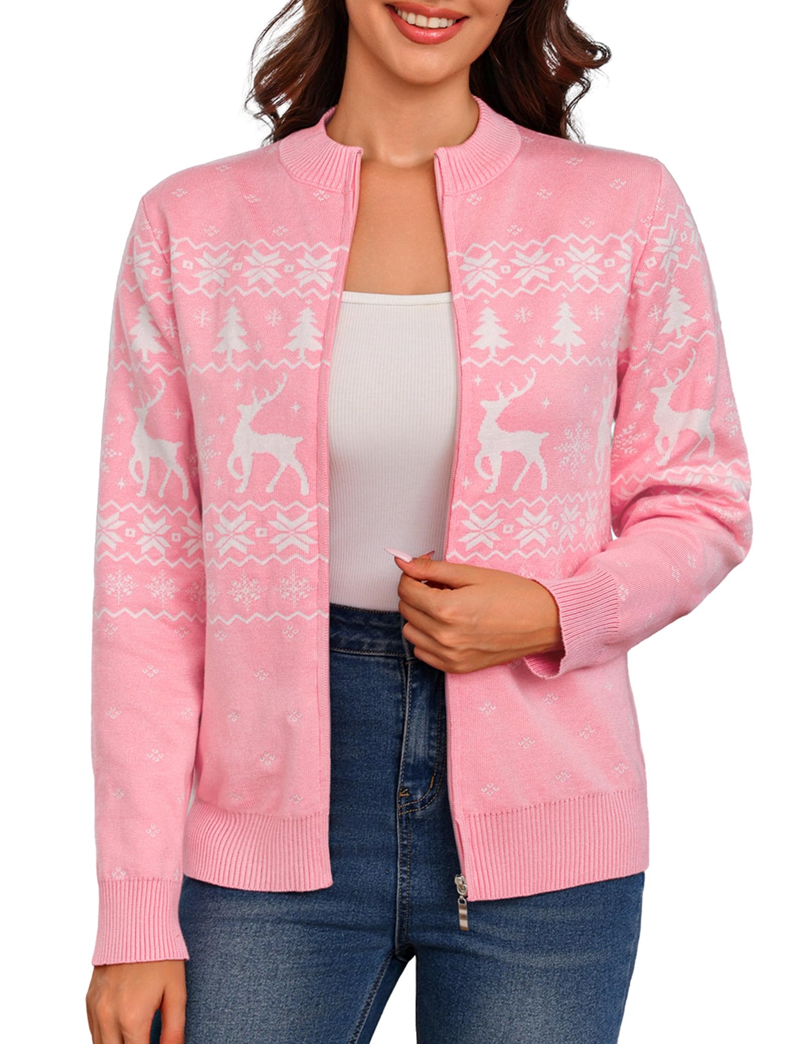 Aottori Weihnachts Strickjacke Damen Weihnachtsjacke Kurz Weihnachten Cardigan Weihnachtspullover mit Reißverschluss Rentiermuster Christmas Sweater Winter Weihnachtspulli Jacke #Rosa M