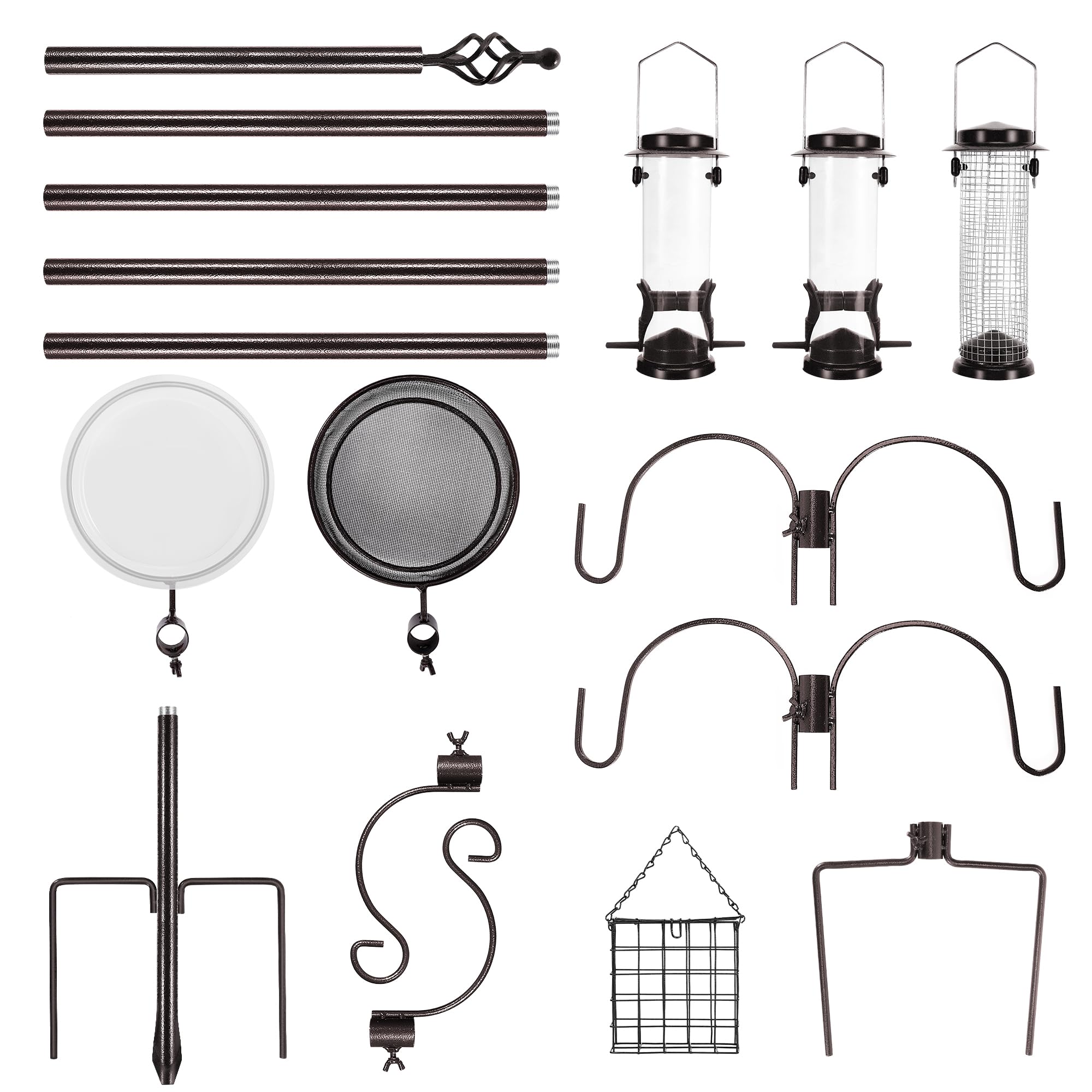 YINGYM Station d'alimentation à 6 Crochets pour Oiseaux Sauvages, kit Multi-mangeoires en Acier avec 4 mangeoires, Bain d'oiseaux et Plateau en Maille, 238,6 cm