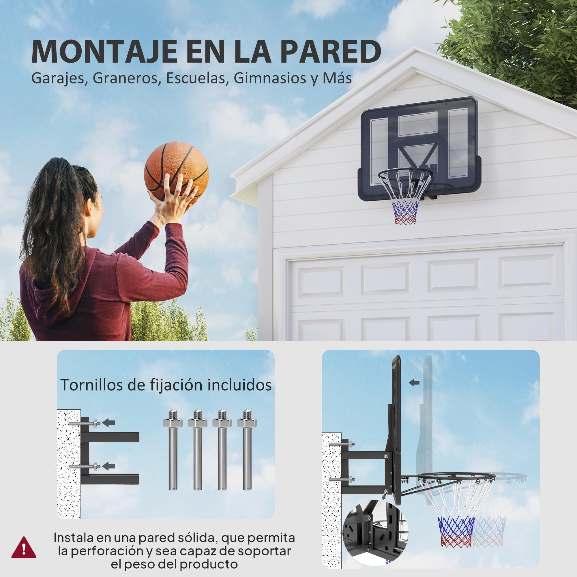 SPORTNOW Canasta de Baloncesto de Pared 110x75 cm Tablero Irrompible Red Resistente Negro