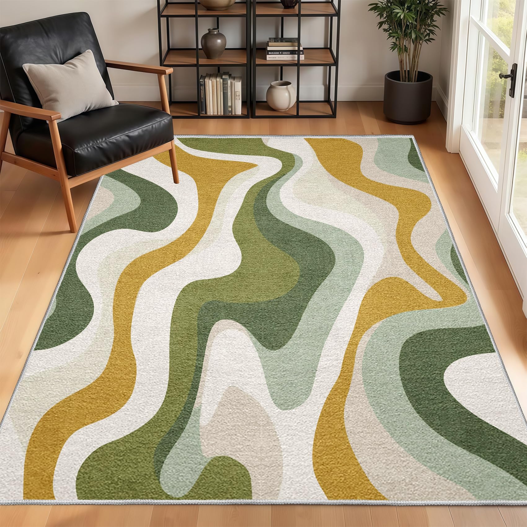 Générique Tapis Salon Vintage 70s Abstrait 140x200 cm, Vague Groovy Retro Tapis Chambre Antidérapant, Jaune Moutarde Vert Sauge Tapis à Poils Ras Lavable pour Bureau Salle à Manger Cuisine R1J192t