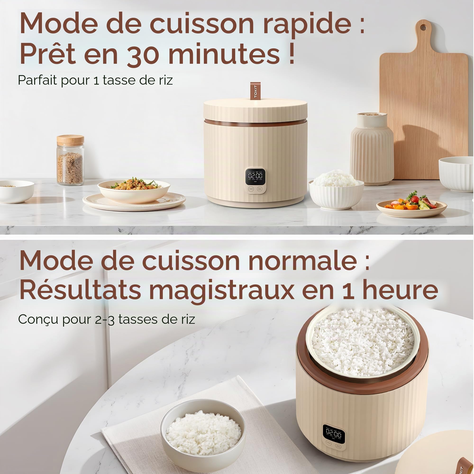 TOKIT Cuiseur à Riz 1,5L Mini Multifonctions pour 1-3 Personnes Marmite à Riz Intérieure Antiadhésive à Revêtement Céramique (Beige)