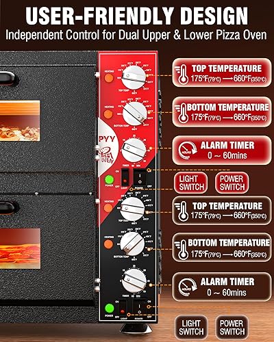 Miniatura 4 de PYY Horno de pizza para interiores de 16 pulgadas, hornos eléctricos de pizza de dos pisos con piedra para pizza, temporizador de anillo de 60