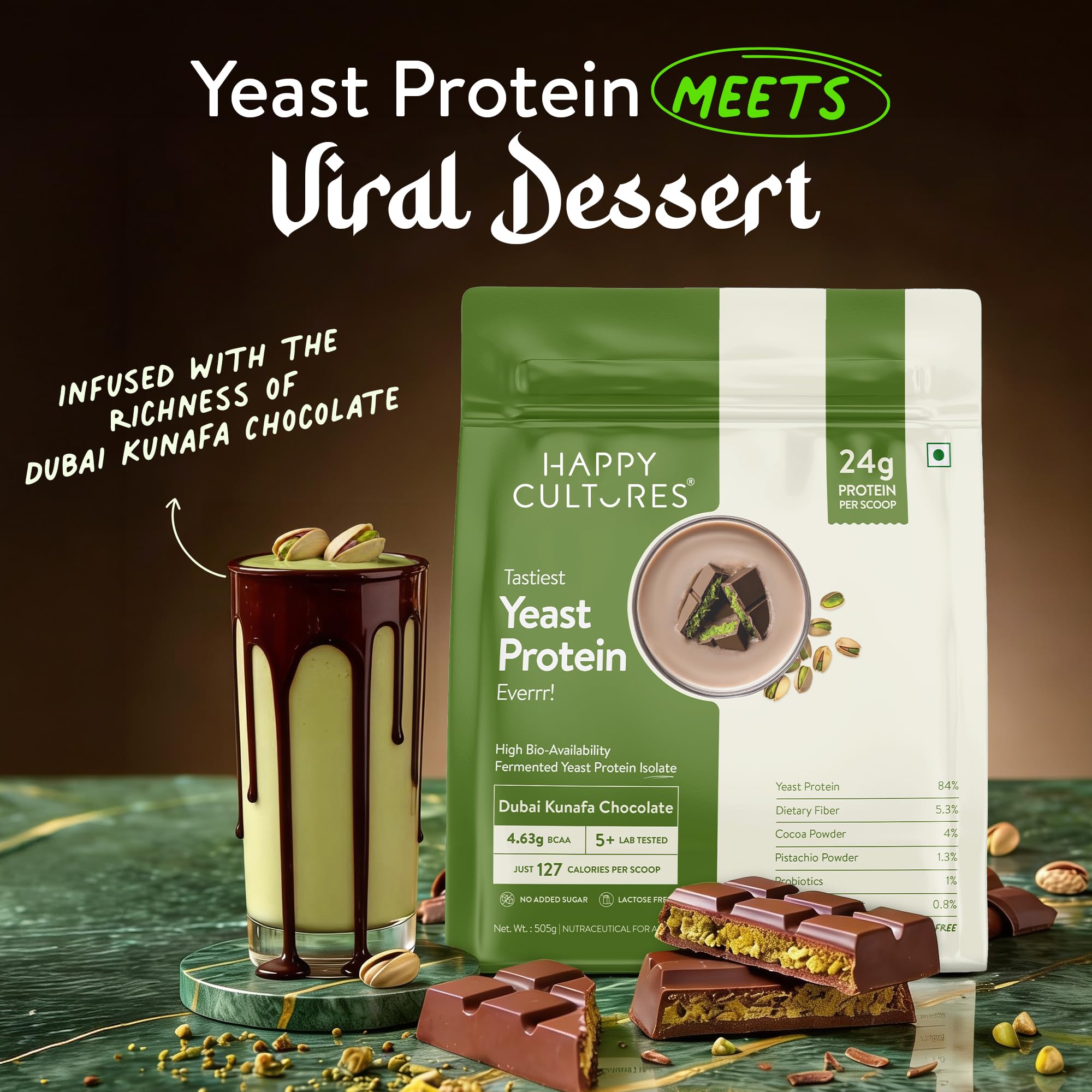 Happy Cultures Dubai Kunafa Chocolate 24g Yeast Protein Powder (Isolate) | PDCAAS of 1 | Higher Absorption| Superior Muscle Recovery | Gut Friendly & Super Tasty | No Added Sugar- 505g — Amazon image 3