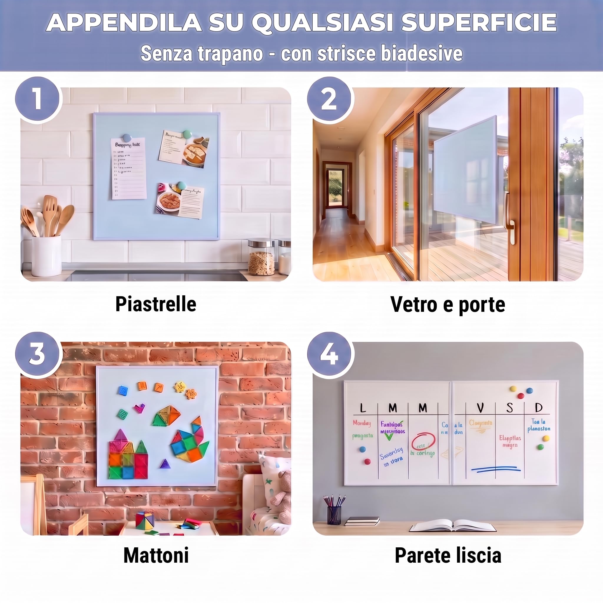 Lavagna Magnetica da Parete per Calamite Grande 58,5 x 58,5 cm, Doppia Faccia Bianca e Azzurra, Lavagna Cancellabile Adesiva senza Cornice né Fori, Bacheca per Frigo, Cucina, Casa, Bambini e Ufficio