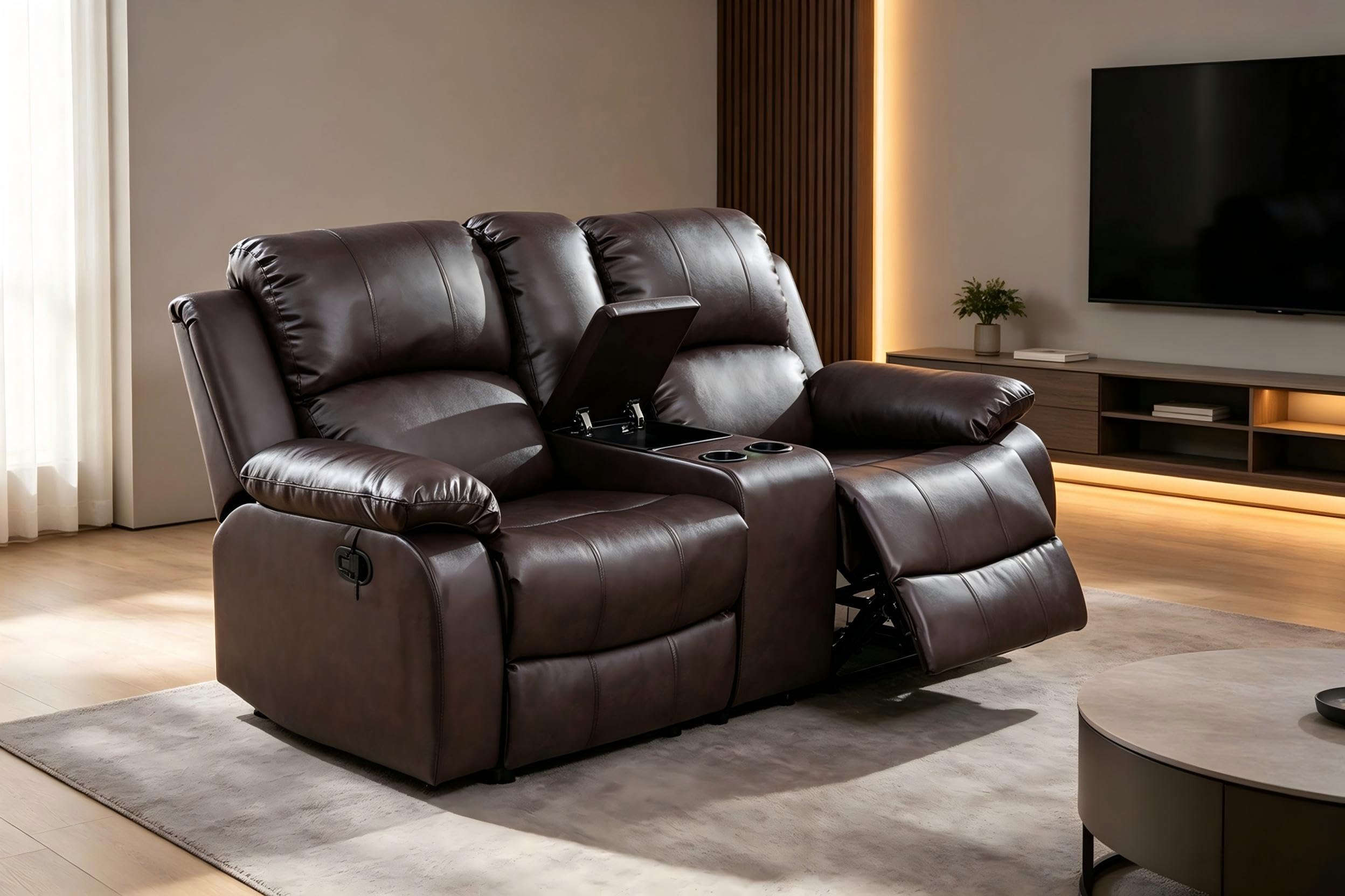 Toseslo Manual Recliner Loveseat Set, Living Room Furniture Sets, 2 Seater Modern Reclining Couches, Brown Leather Reclining Couch Sets with Storage Console/Cup Holder for Living Room/Apartment view 6
