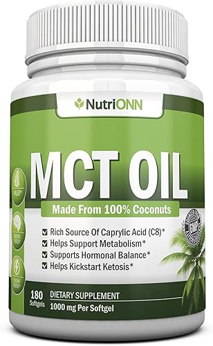 Aceite MCT, 3000 mg por porción, 180 cápsulas blandas, hecho de cocos 100% orgánicos, sin OMG, prensado en frío, cápsulas aptas para paleo, ideal