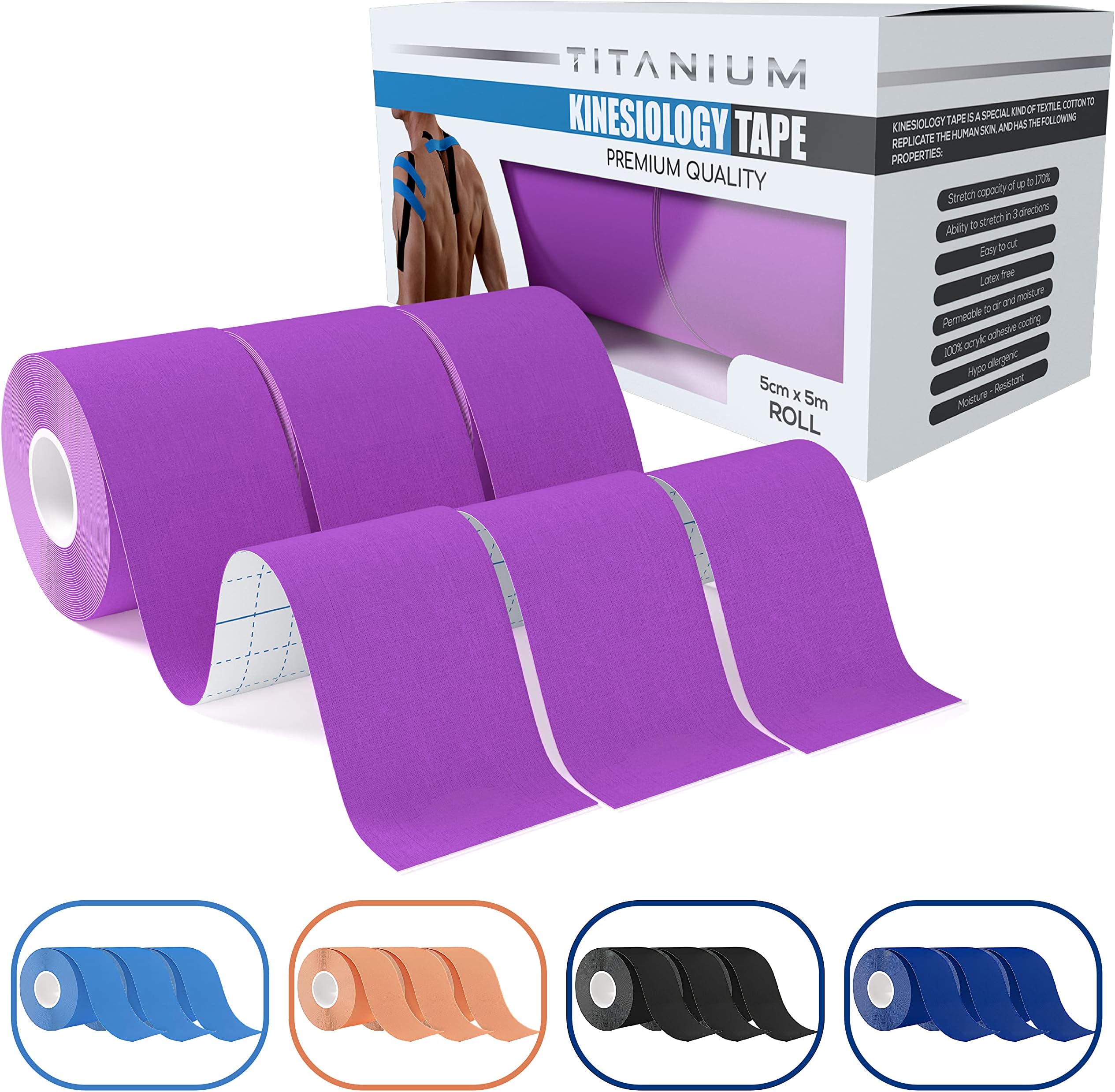 Kinesiology Tape (3pack) - 5m Roll of Elastic Water Resistant Tape for Support & Muscle Recovery - Quality Sports Tape (Purple)