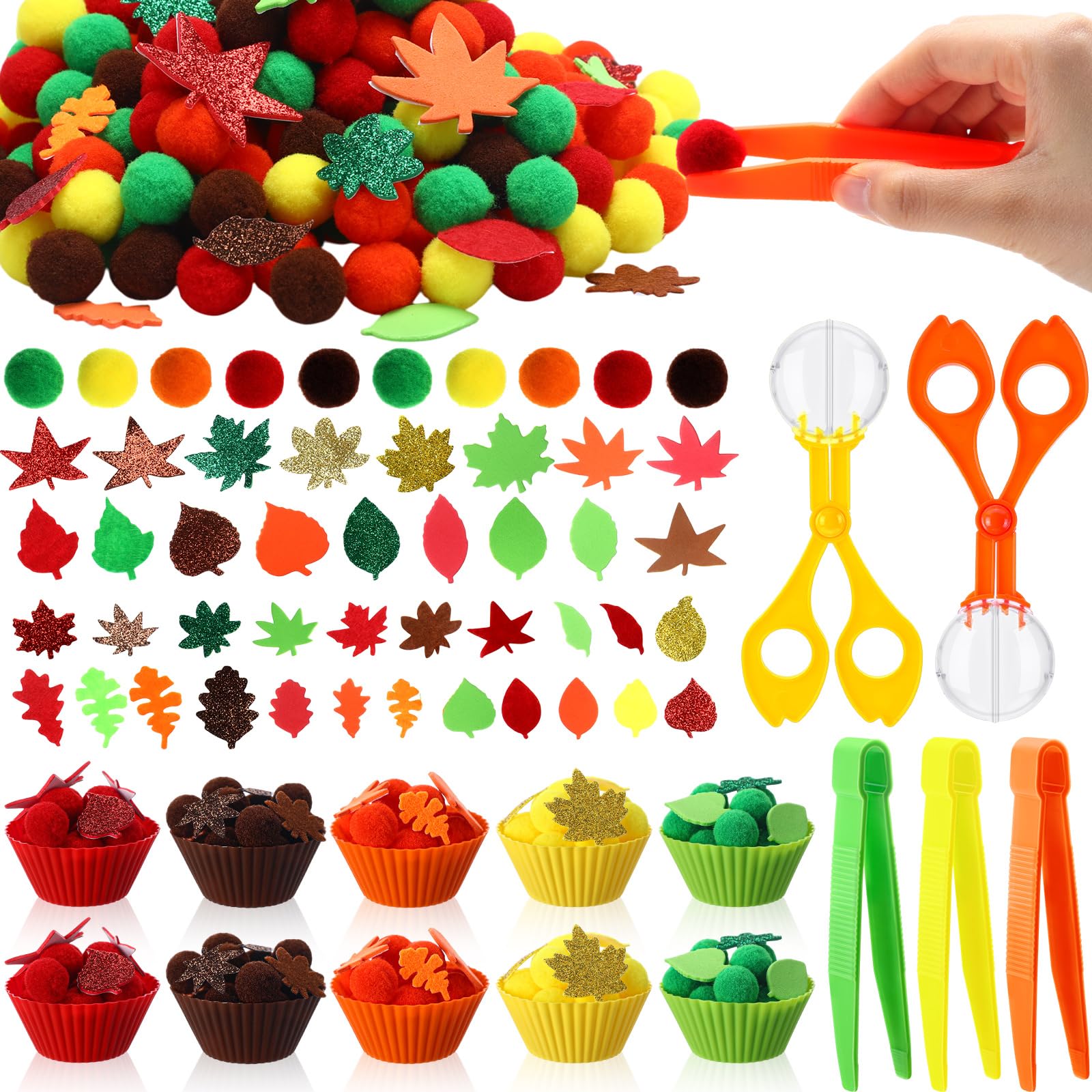 Blosssound 265 Pcs Fall Fine Motor Thanksgiving Counting Sorting Sensory Bin Filler Set Includes Pom Poms Fall Leaves Sorting Cups Tweezers Scissors Clips for Autumn Thanksgiving Decor Early Education