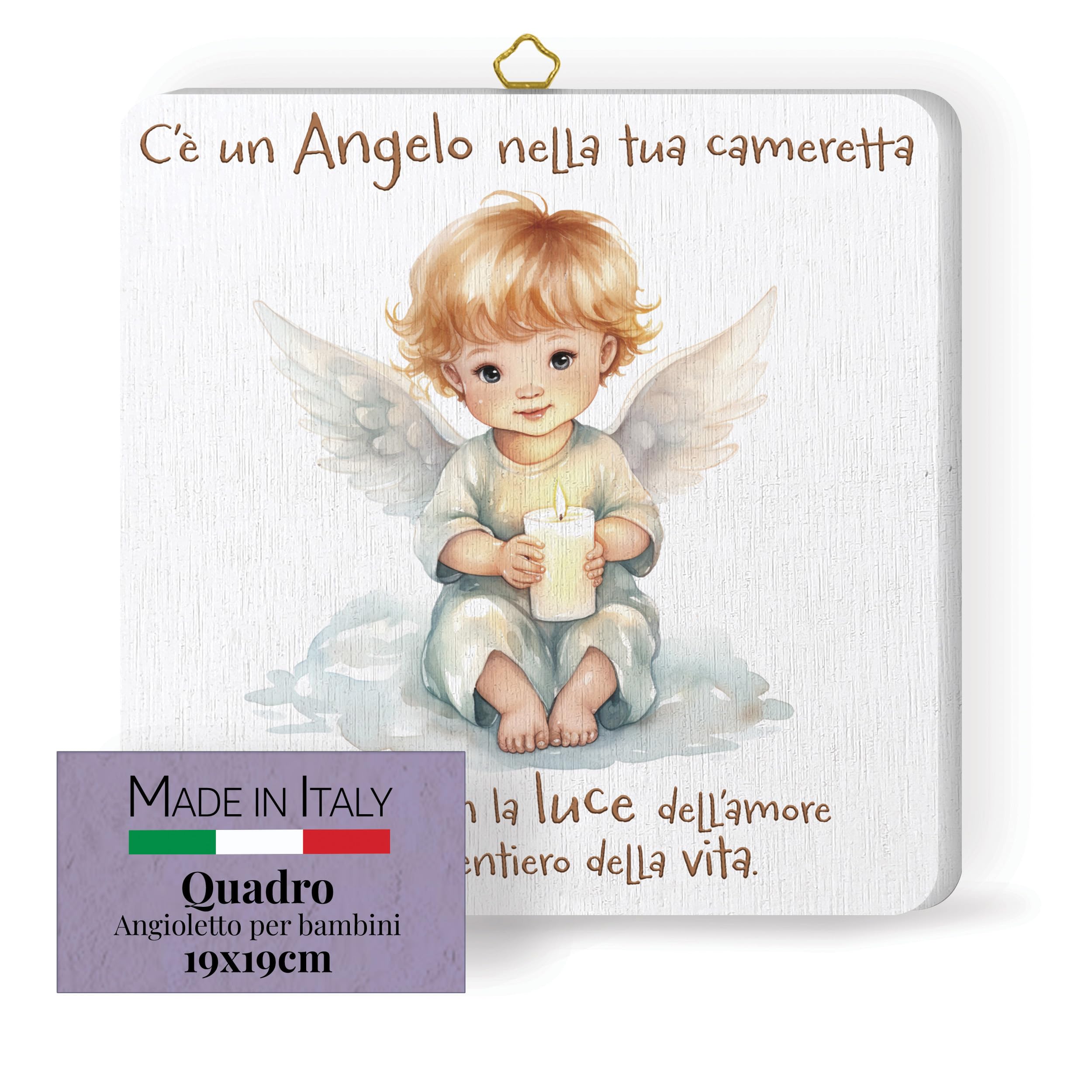 FRATELLI BONELLA - Quadro Angioletto con Candela per Bambini - Quadro in Legno 19x19 cm con Scatola Regalo - 100% Made in Italy