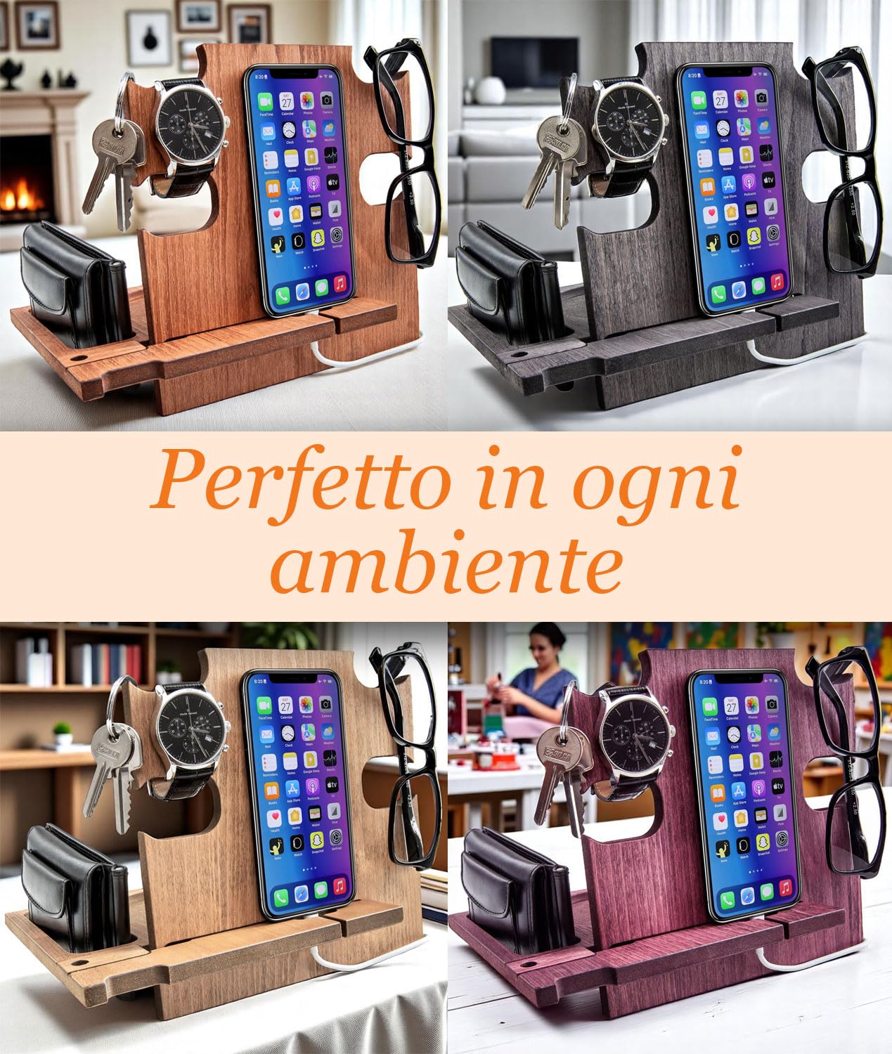 Greta Oto Svuotatasche in Legno Personalizzato Organizer da Scrivania e Comodino con Supporto per Smartphone Porta Orologi Regalo Festa del Papà