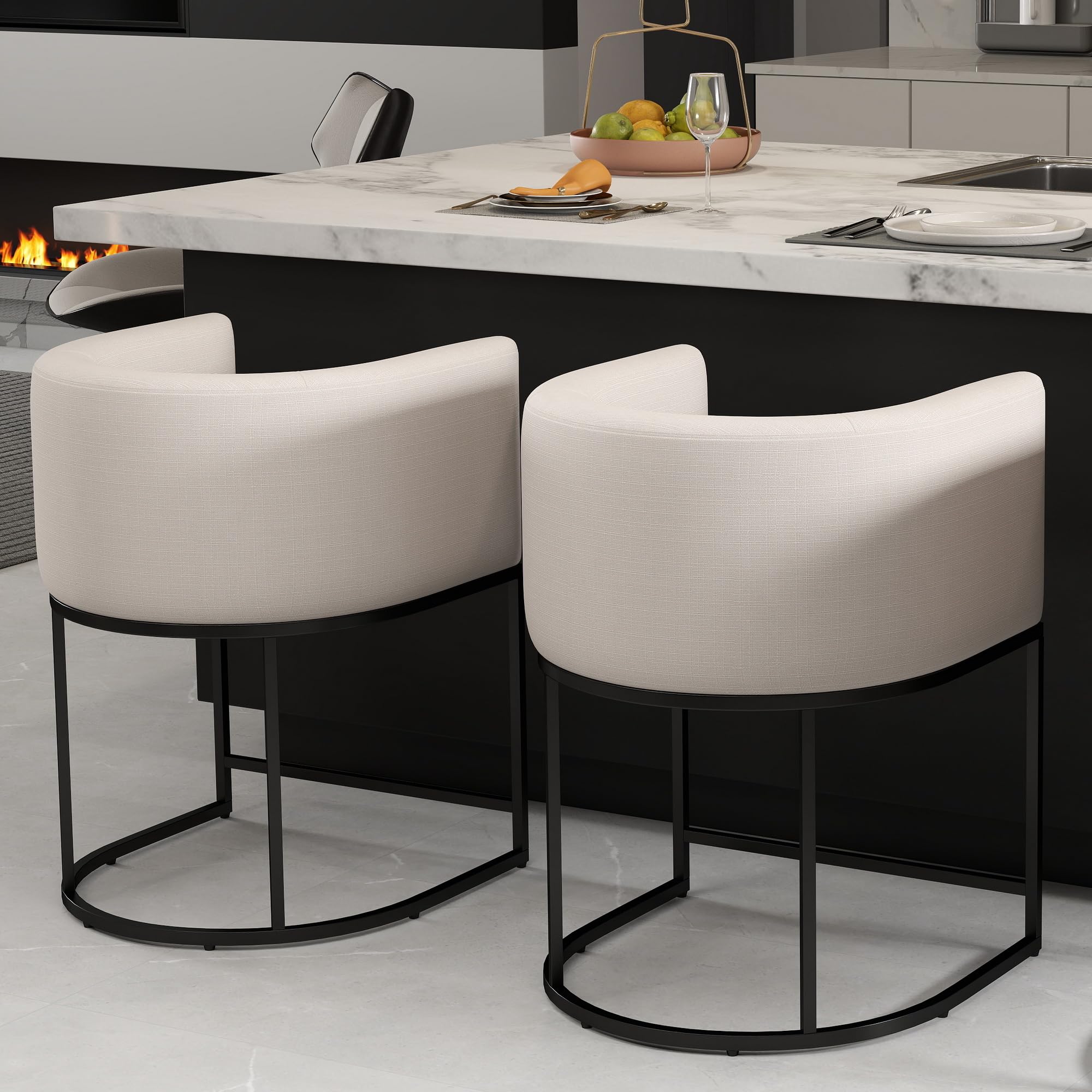 BESTANO Modern Counter Height Linen Upholstered Bar Stools Set of 2, 24" Kitchen Counter Island Stools Bar Chairs with Black Metal Frame for Kitchen