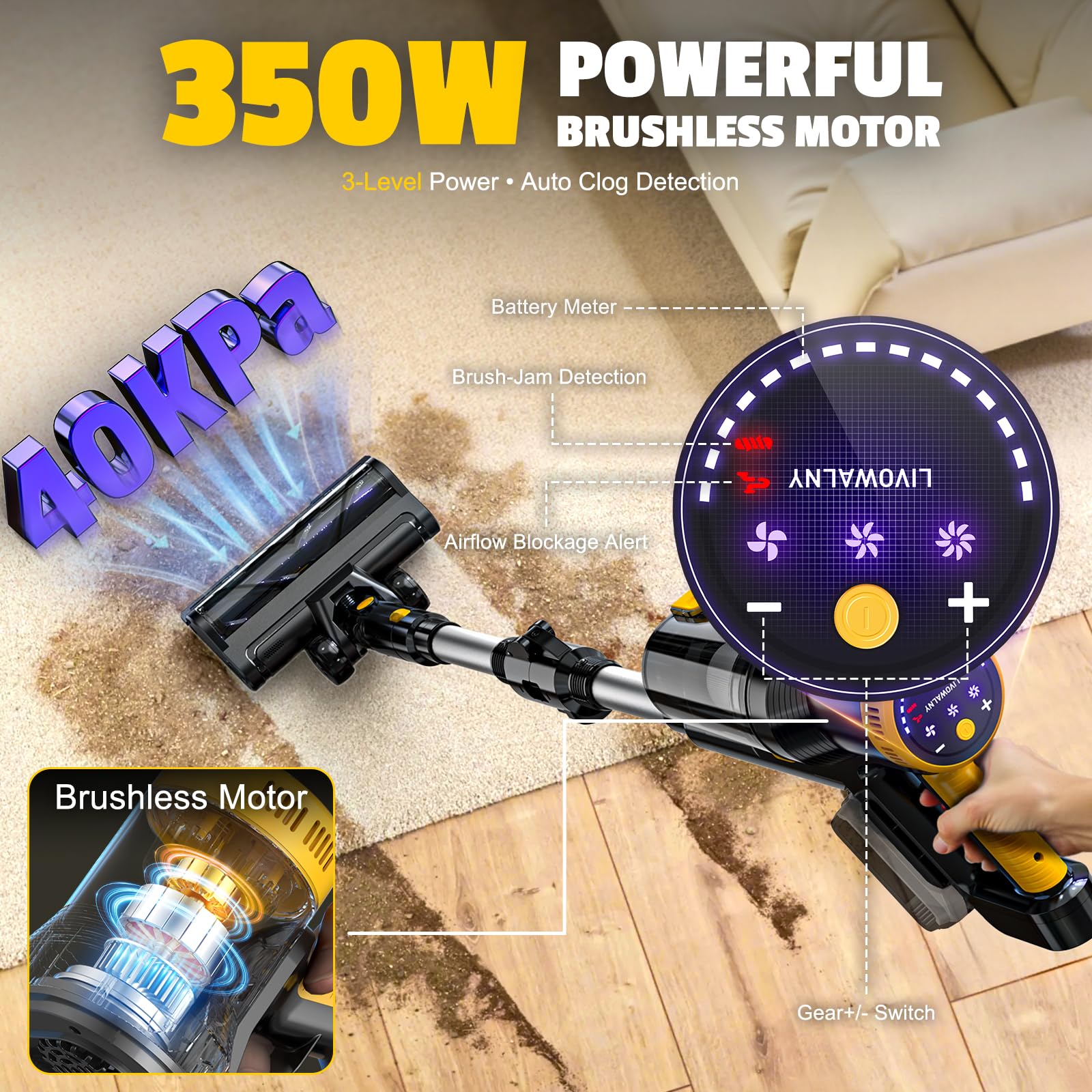 Bezprzewodowy odkurzacz 350 W do baterii DeWALT 20 V (bez baterii), 40 kPA samoczynnie stojący odkurzacz z ekranem dotykowym, podwójny kubek na kurz, giętki odkurzacz różdżkowy 180°, do domu, na