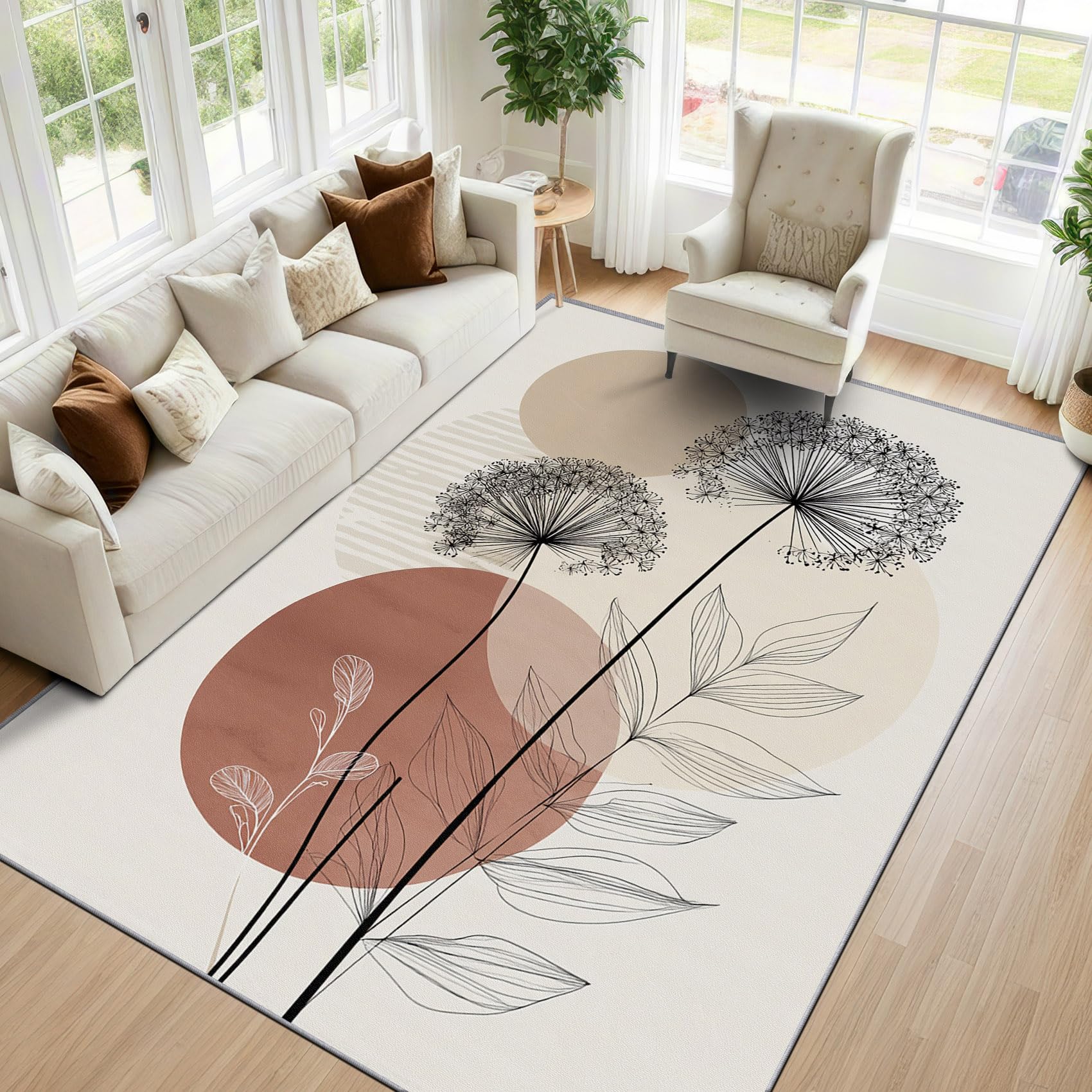 Mistela Boho Löwenzahn Teppich 200x200 cm – Minimalistischer Neutral Botanische Waschbarer Rutschfester Kurzflor Teppich für Wohnzimmer Schlafzimmer Esszimmer Büro Eingang in Terrakotta Braun