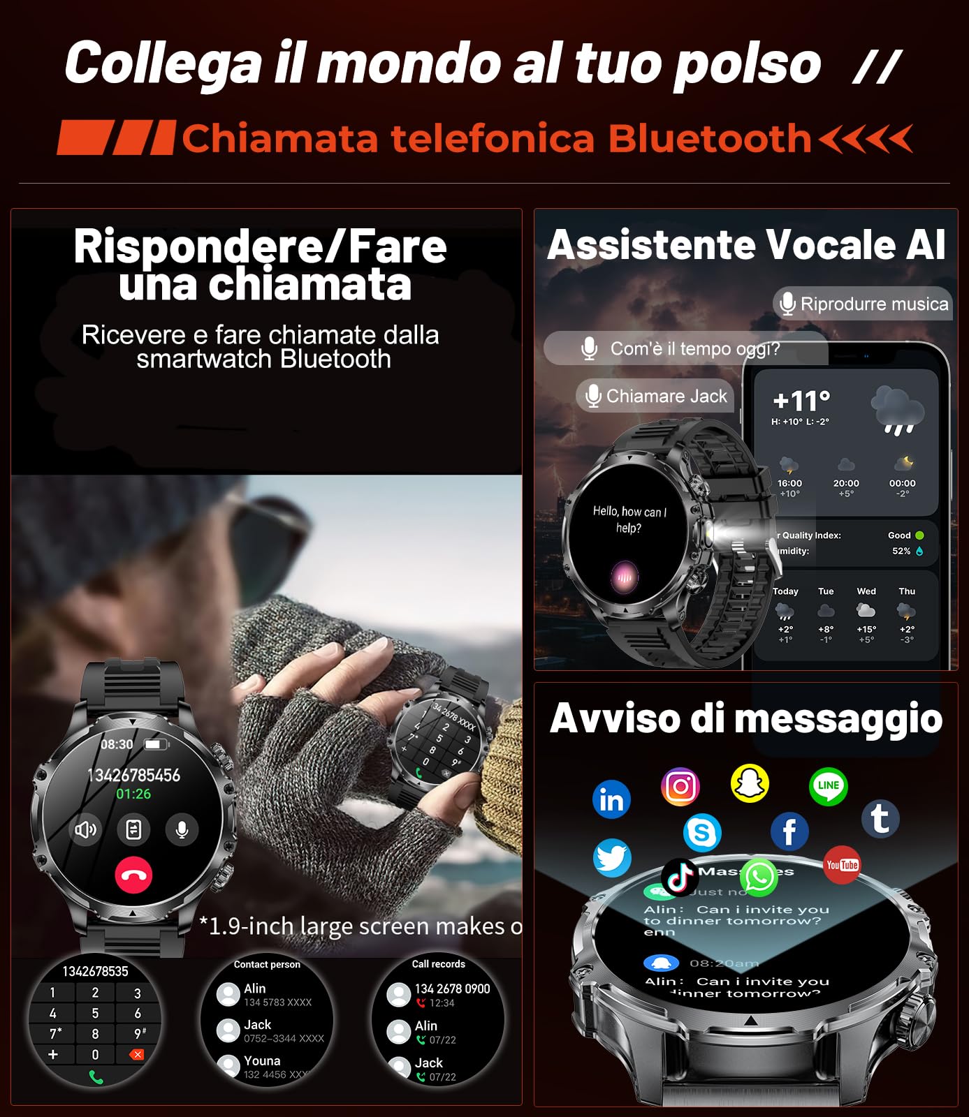 HIRREO Smartwatch Uomo con Militare, da 1,85 HD Grande Schermo/ 800 mAh Batteria/LED Lampada, 5 ATM Impermeabile Smartwatch Uomo con 100+ Modalità Sportive, 24/7 Monitor di Frequenza Cardiaca e Sonno