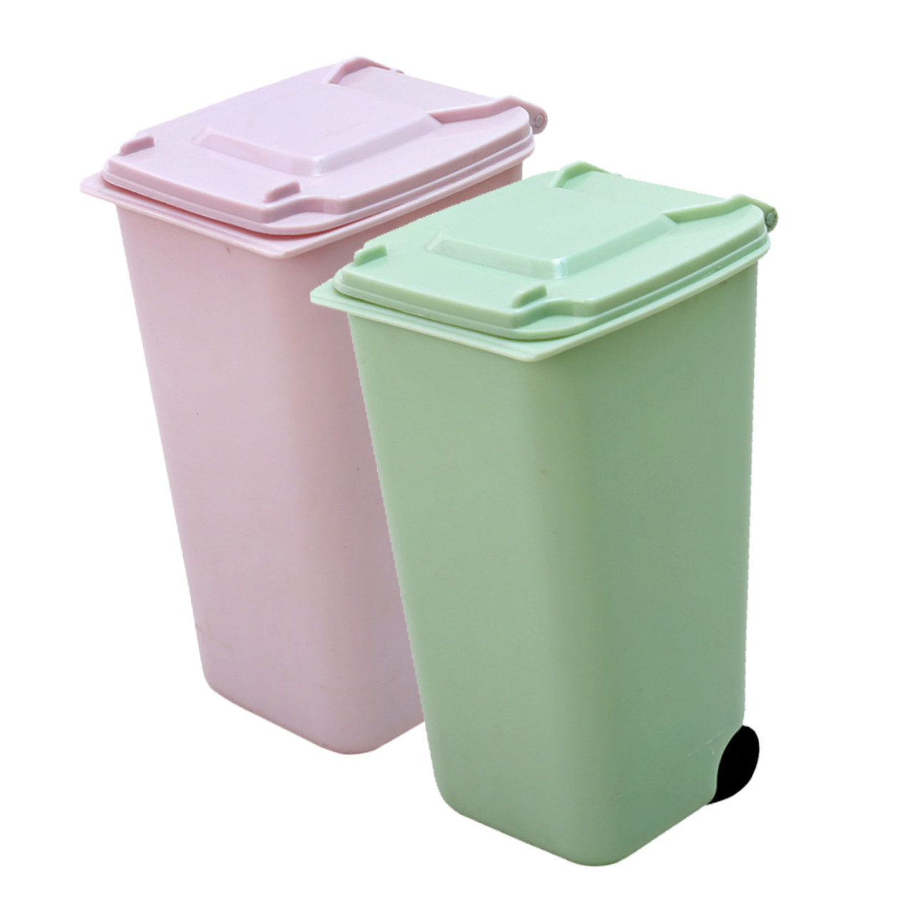 Image of 2pcs Mini Trash Can with Lid Compact Pink Desktop Trash Holder for Office Bedroom Kitchen and Car Multi-Functional Wastebasket Pen Organizer