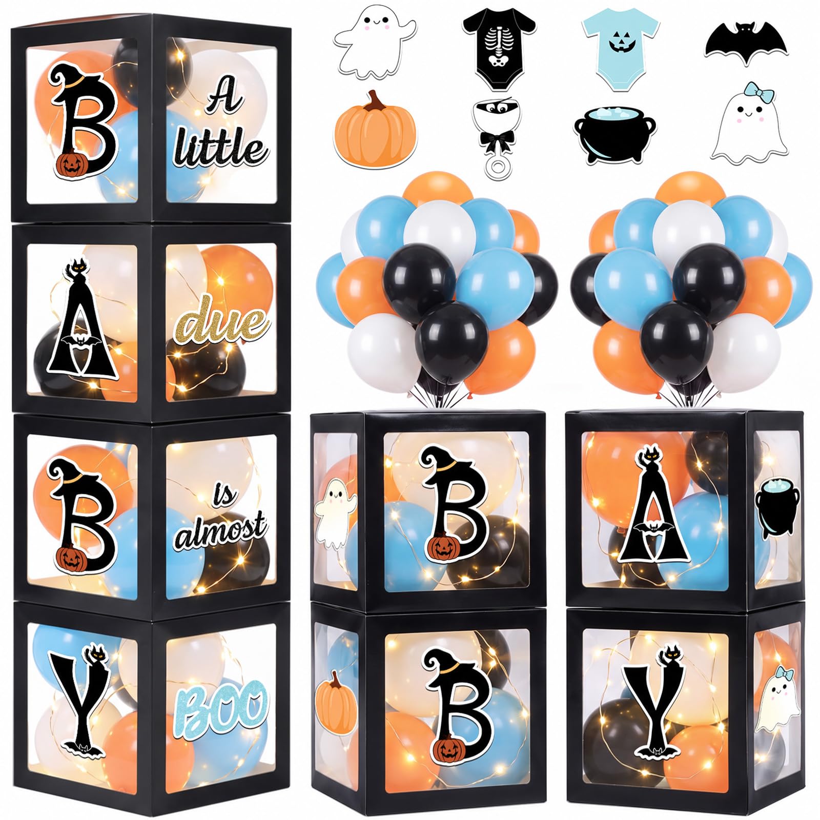Blueweenly 56 pezzi A Little Boo Is Almost Due Decorazioni Baby Shower 4 pezzi Scatola trasparente con 4 corde di luci LED, carte e palloncini nero Baby Shower Party Forniture