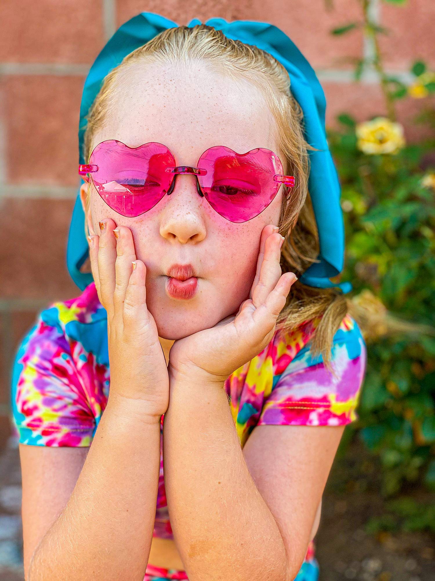 ShadyVEU Heart Shaped Sunglasses Kids Rimless Candy Colored Etched Frame Party Fun Cupid Love Shades 2 to 8 Years Old (Blue)