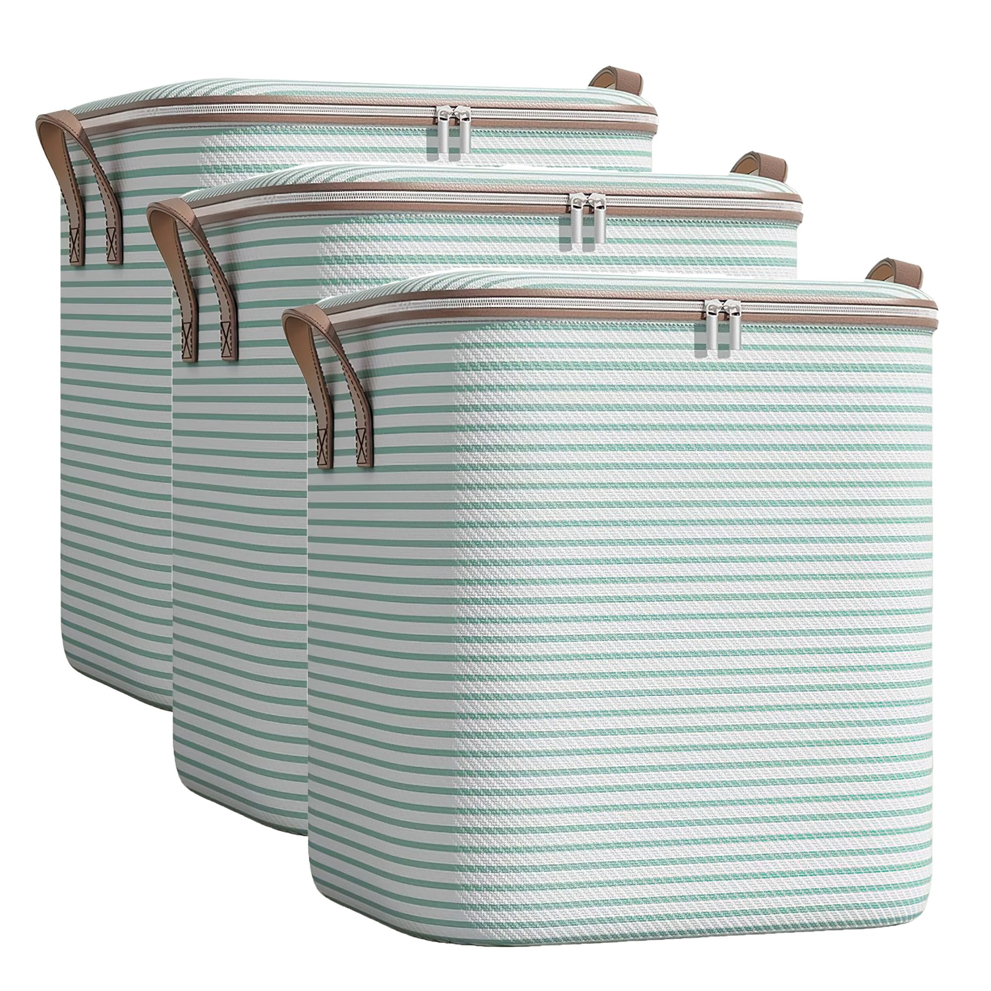 100L Large Capacity Storage Bags for Clothes & Comforters, Thick Non-Woven Fabric Foldable Storage Organizer with Reinforced Handles for Home, Wardrobe, Moving & Travel (Green Stripe 3pcs)