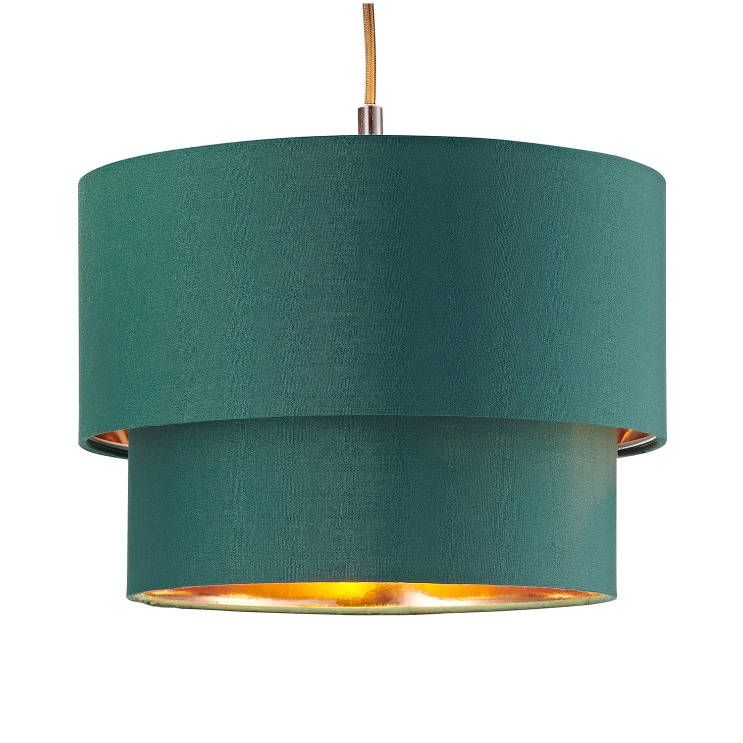 Happy Homewares Forest Green Cotton Shiny Copper Inner Double Tier Pendant Shade - 18cm Height - 25cm Top Diameter