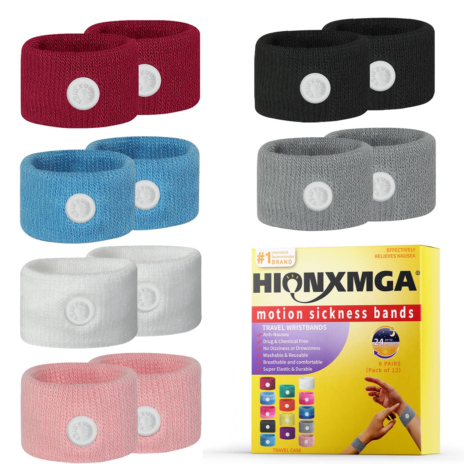 HIONXMGA 6 Pairs Motion Sickness Bands – Natural Anti Nausea Acupressure Wristbands for Morning &amp; Motion Sickness Relief – Ideal for Car, Cruise &amp; Flight Travel – for Adults and Kids