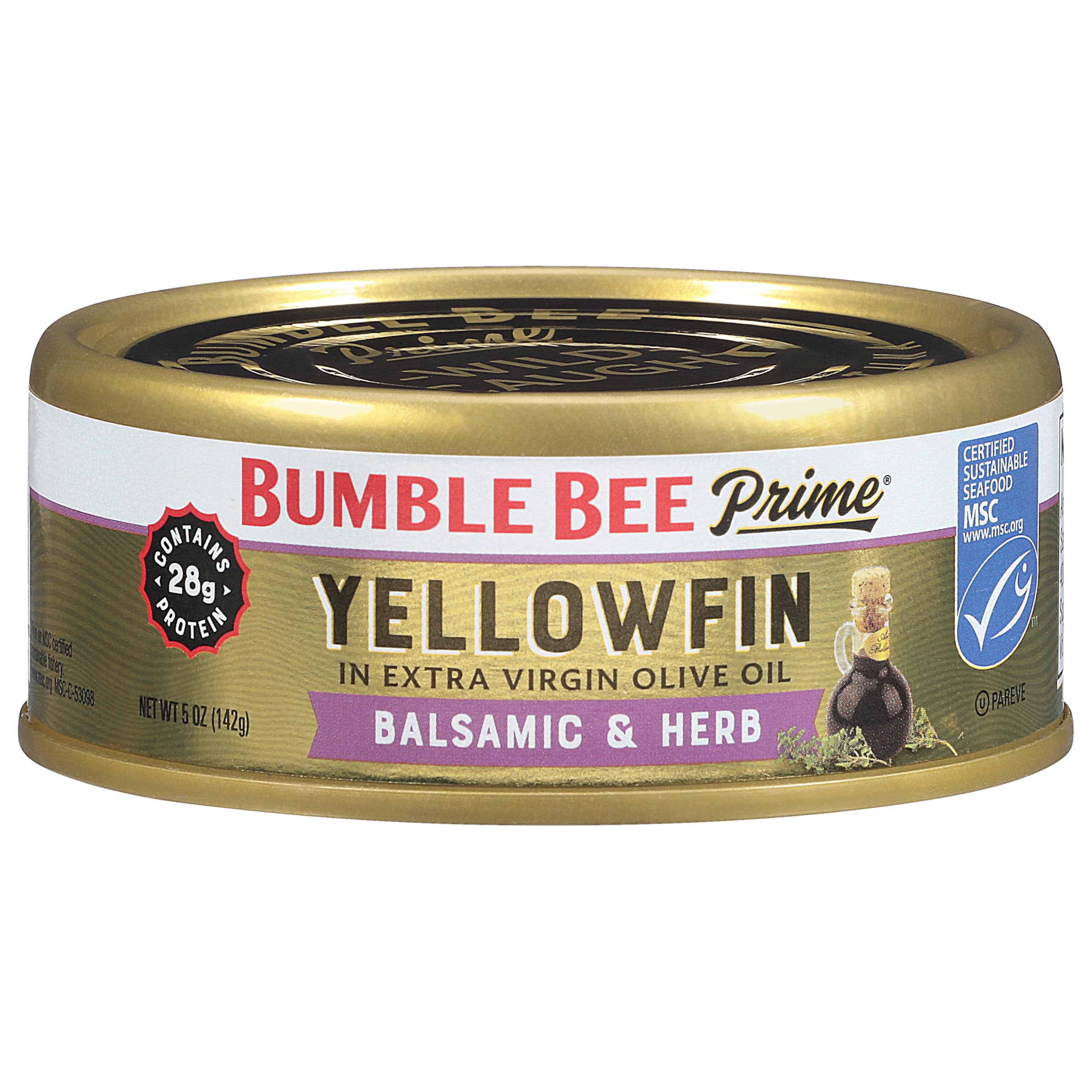 Bumble Bee Prime Balsamic & Herb Yellowfin Tuna in Extra Virgin Olive Oil, 5 oz Can - Wild Caught Ahi Tuna - 28g Protein Per Serving - Non-GMO, MSC Certified Sustainable Seafood