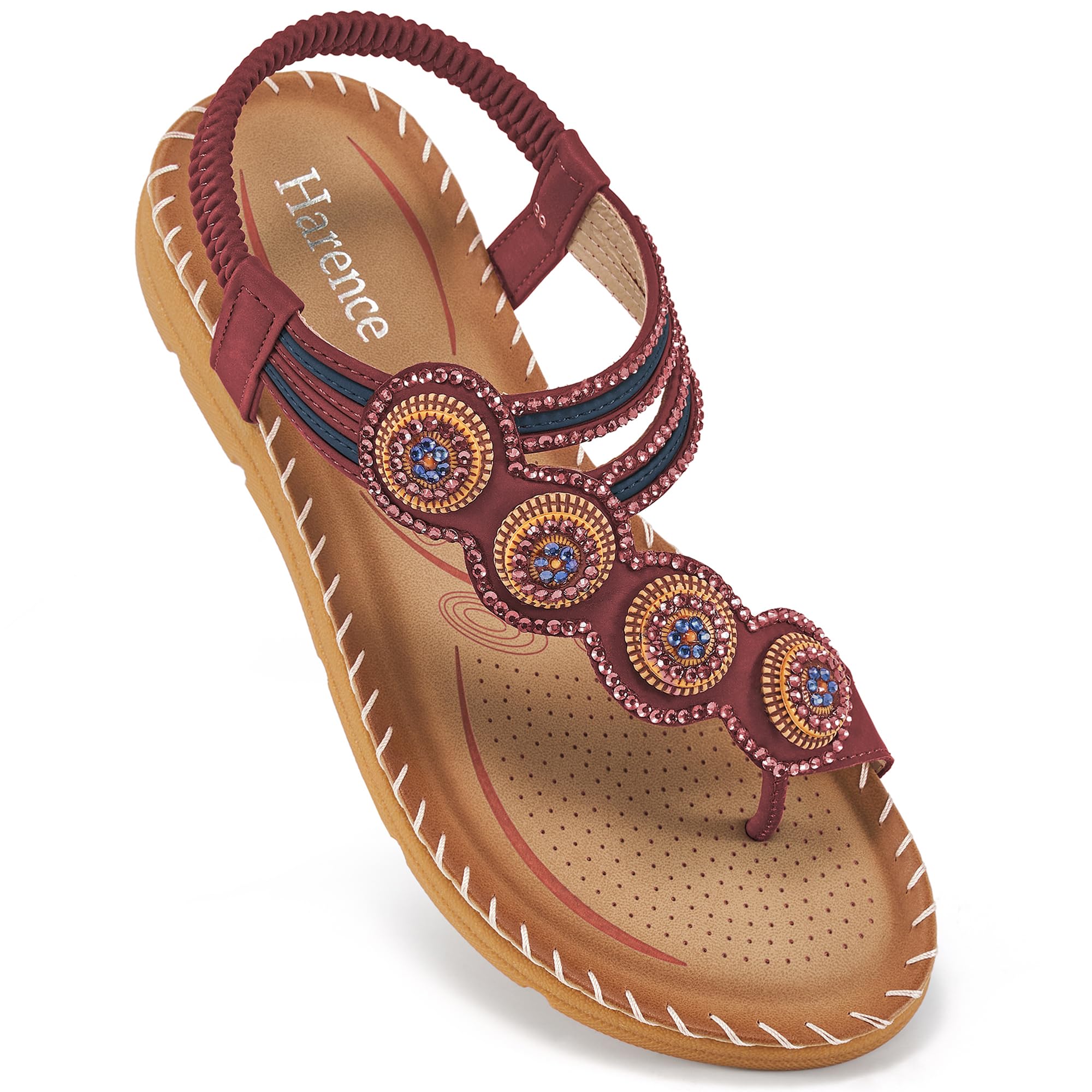 HARENCE Flat Sandals for Women Dressy: Comfortable Summer Flats Shoes Elastic Ankle Strap Bohemian Beaded Beach Sandal