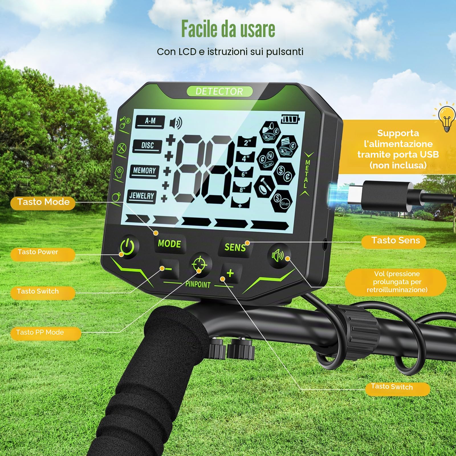Metal detector, lunghezza regolabile 113 cm-141 cm, 5 modalità, metal detector professionale con display LCD, bobina di ricerca impermeabile IP68 per adulti e bambini