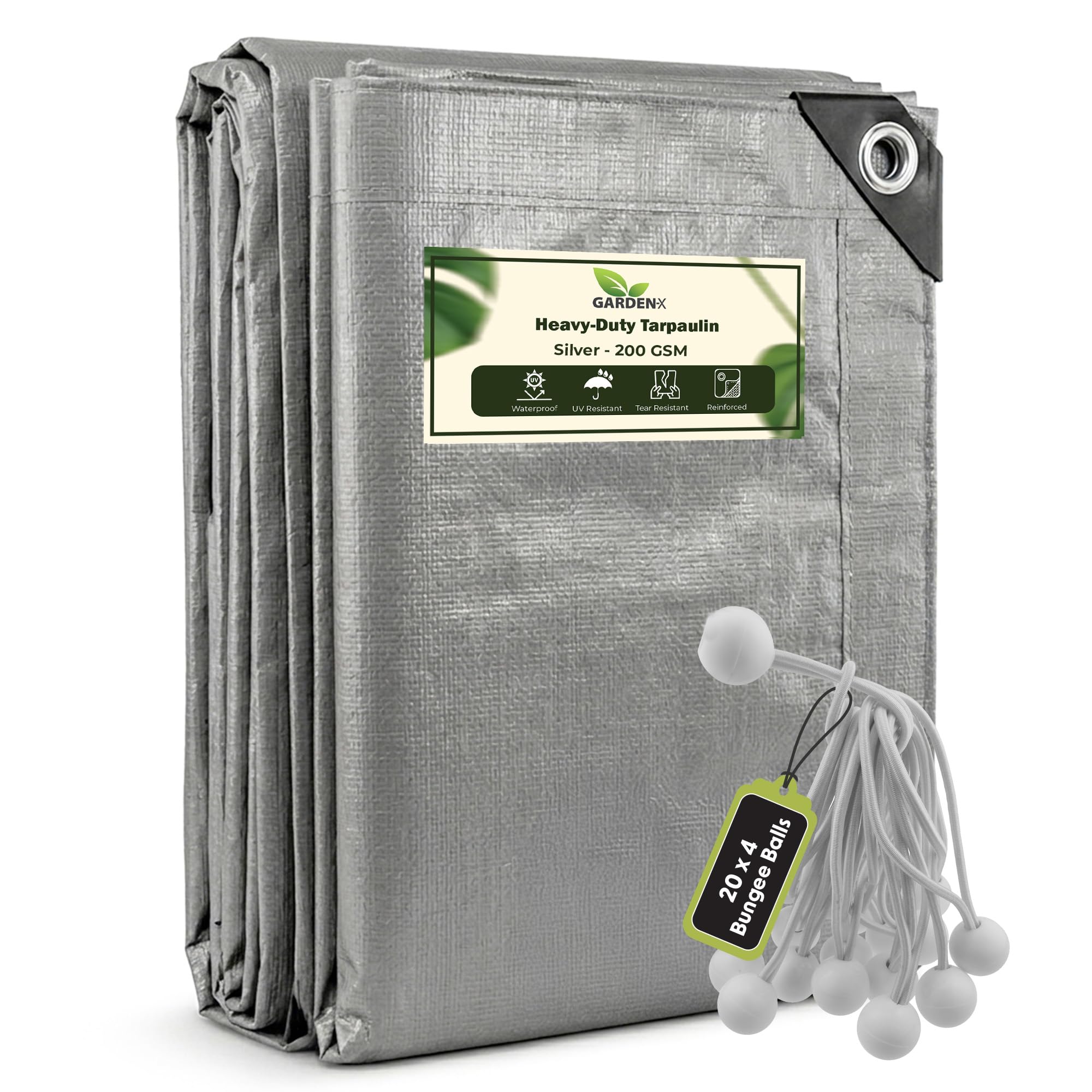 GARDENIX 3m x 4m Grey Heavy Duty 200gsm Tarpaulin Waterproof Tarp Sheet Cover, Groundsheet, Multipurpose, Reinforced + 20 x 4" Bungee Balls (White)