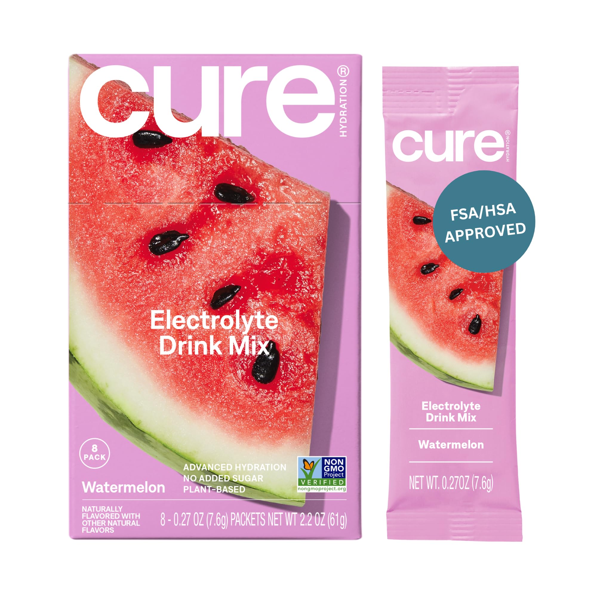 Cure Hydration Plant-Based Electrolyte Mix - Watermelon, No Added Sugar (8 Packets)