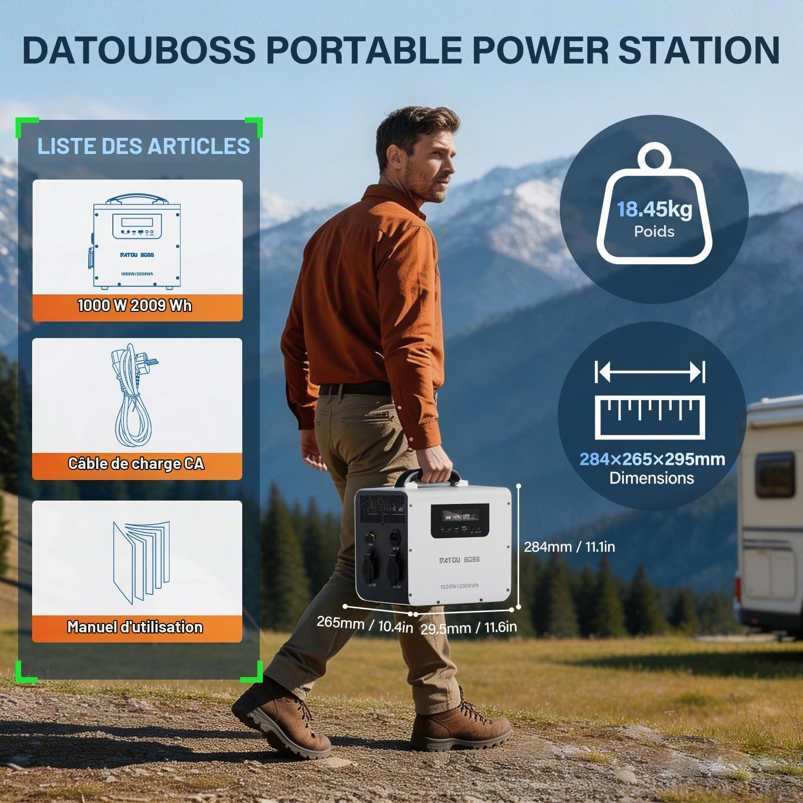 DATOUBOSS Générateur Électrique Portable, 1000 W/2009,6 Wh LiFePO4, générateur solaire 1000 W, stations d'alimentation portables, stockage d'énergie, voyages et camping en camping-car