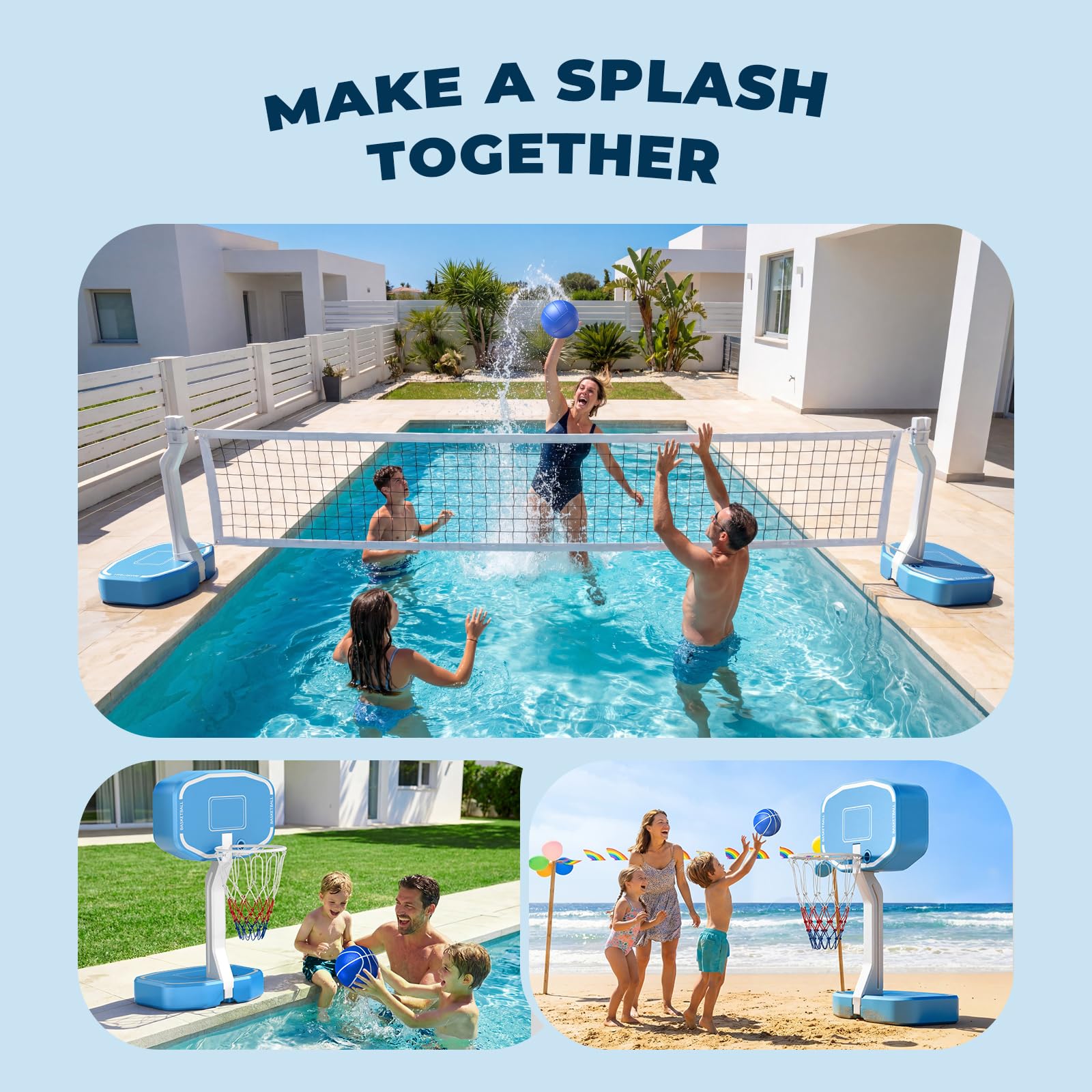 Rete da pallavolo da piscina e canestro da basket 2 in 1, rete da pallavolo per piscine interrate, canestro da basket a bordo piscina con base e supporto, include 3 palline/2 base/pompa, giochi estivi