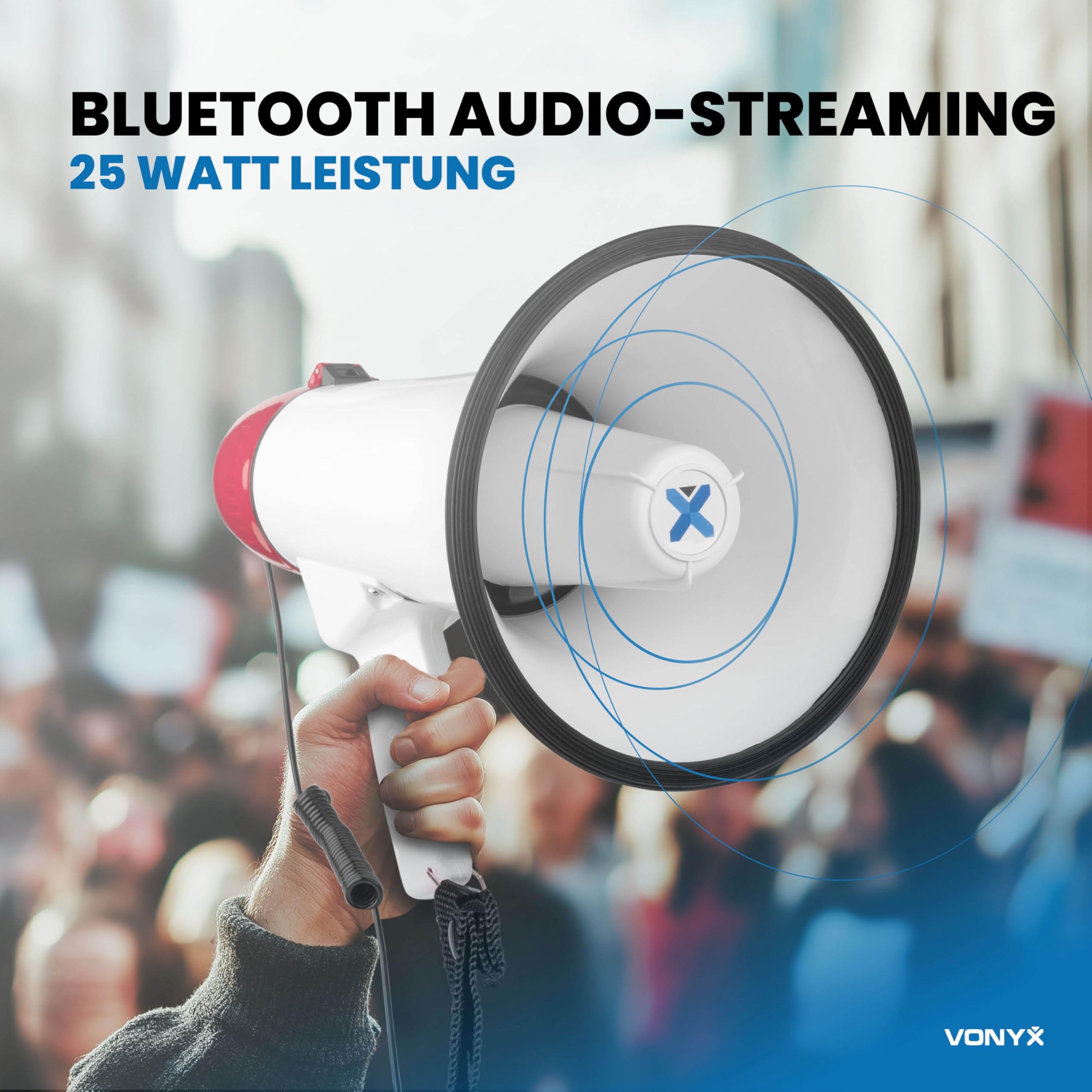 Vonyx MEG045 - Akku Megaphone mit Sirene und Mikrofon, inkl. 2X Akkus, Bluetooth, Aufnahmefunktion, 45 Watt Megafon, bis 1000 Meter Reichweite, Megaphon mit Umhänge-Gurt, MP3, USB, SD, Weiß/Rot