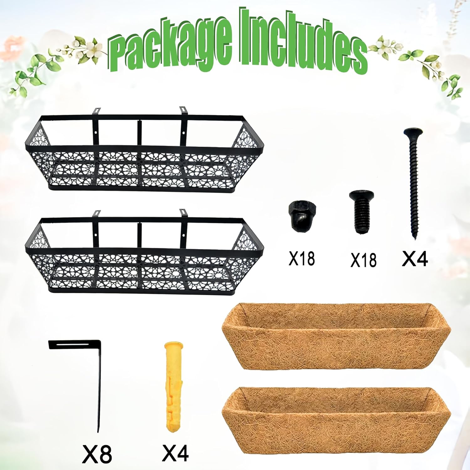 Railing Planter Window Boxes Round Hole Horse Trough Planter with Coco Fiber Liner Deck Balcony Rail Planters Black Metal Hanging Flower Planters Window Basket for Outdoor Porch (2 Pack, 30 Inch)