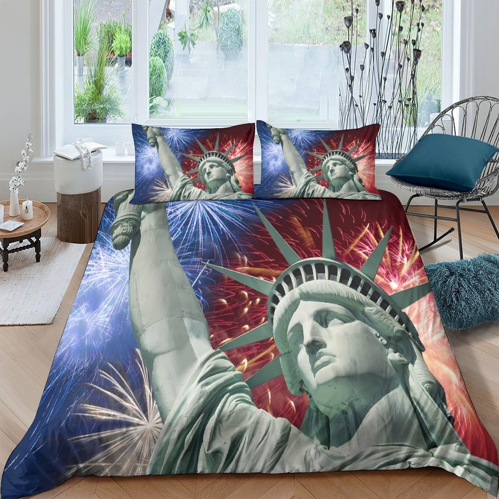 Ctjqhvkz Style-6 3D Printed Statue Of Liberty Fitted Sheet Microfiber Soft Fireworks Bed Cover For Bedroom Guest Room Decor Mattress Protection Single（135X200cm）