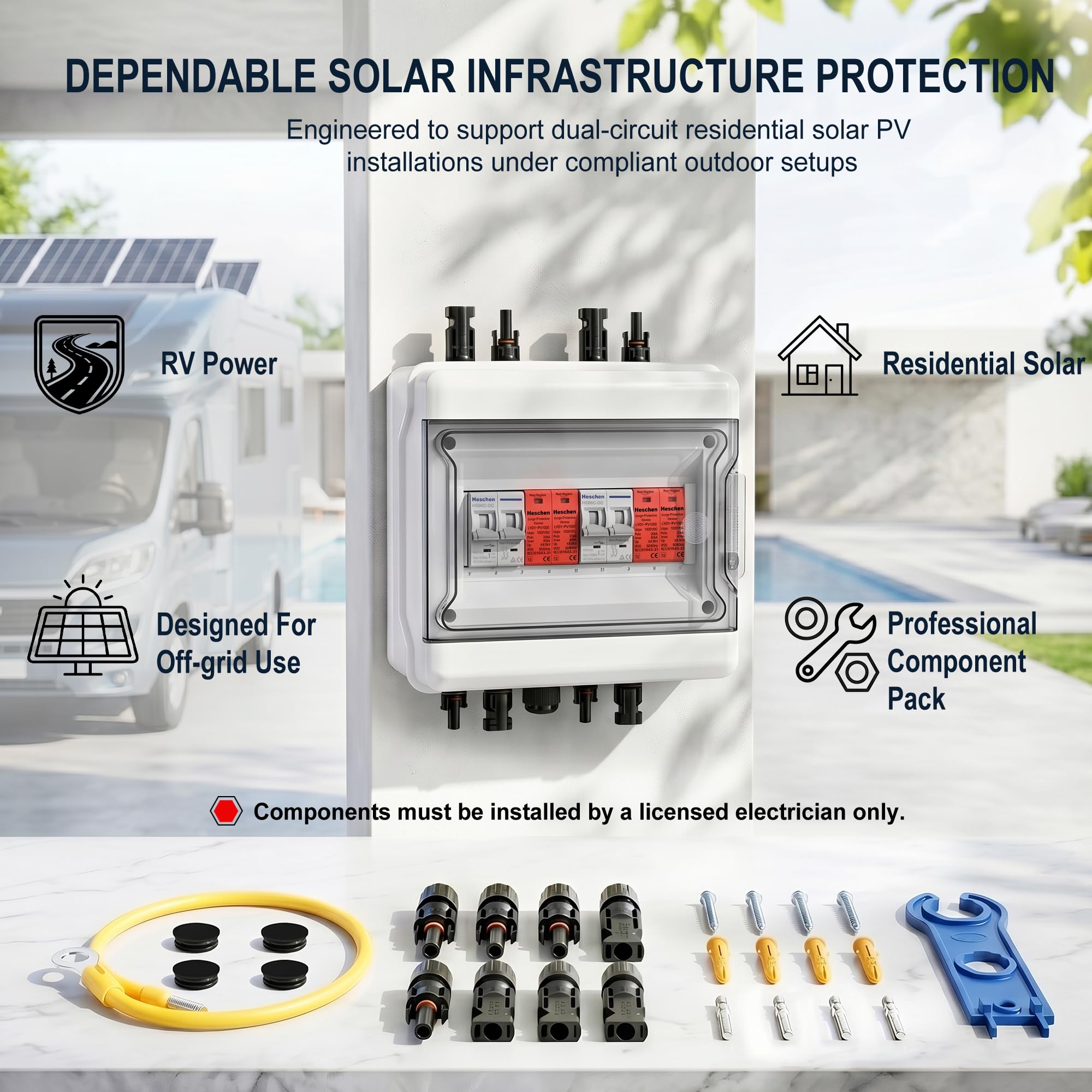 Heschen Scatola combinata PV a 2 corde, 500 V DC, scatola di collegamento fotovoltaica pronta all'uso, con spina MC4, 2 fusibili automatici da 32 A e protezione da sovratensione da 1000 V, 40 kA, IP65