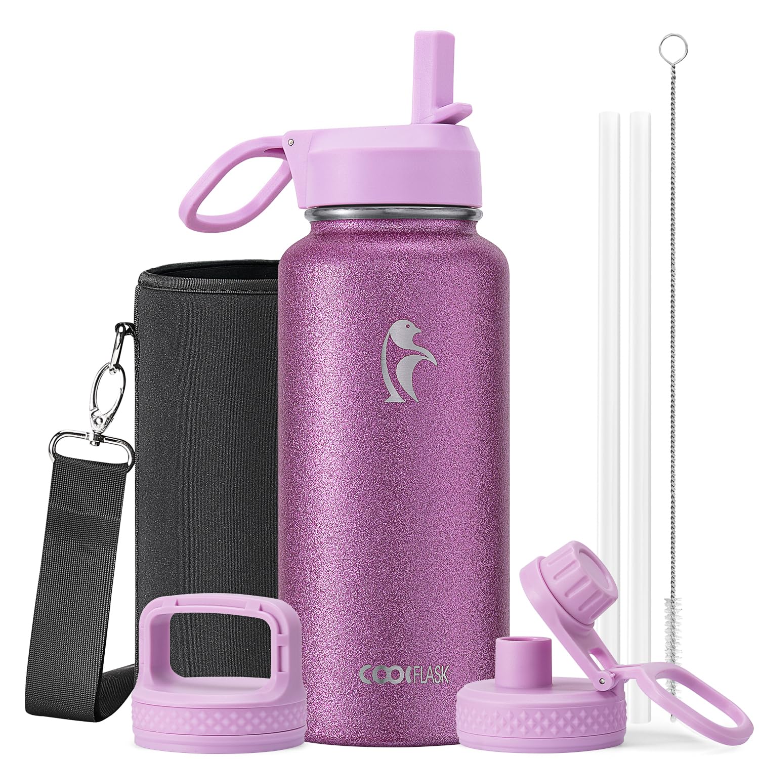 Coolflask Borraccia termica con cannuccia, in acciaio inox, con 3 coperchi, imboccatura larga, per sport o ufficio, senza BPA, mantiene il freddo fino a 48 ore o caldo fino a 24 ore, rosa glitterato