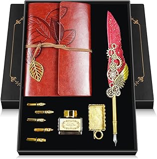 Feather Quill Pen and Ink Set,Antique Calligraphy Set with Leather Journ...