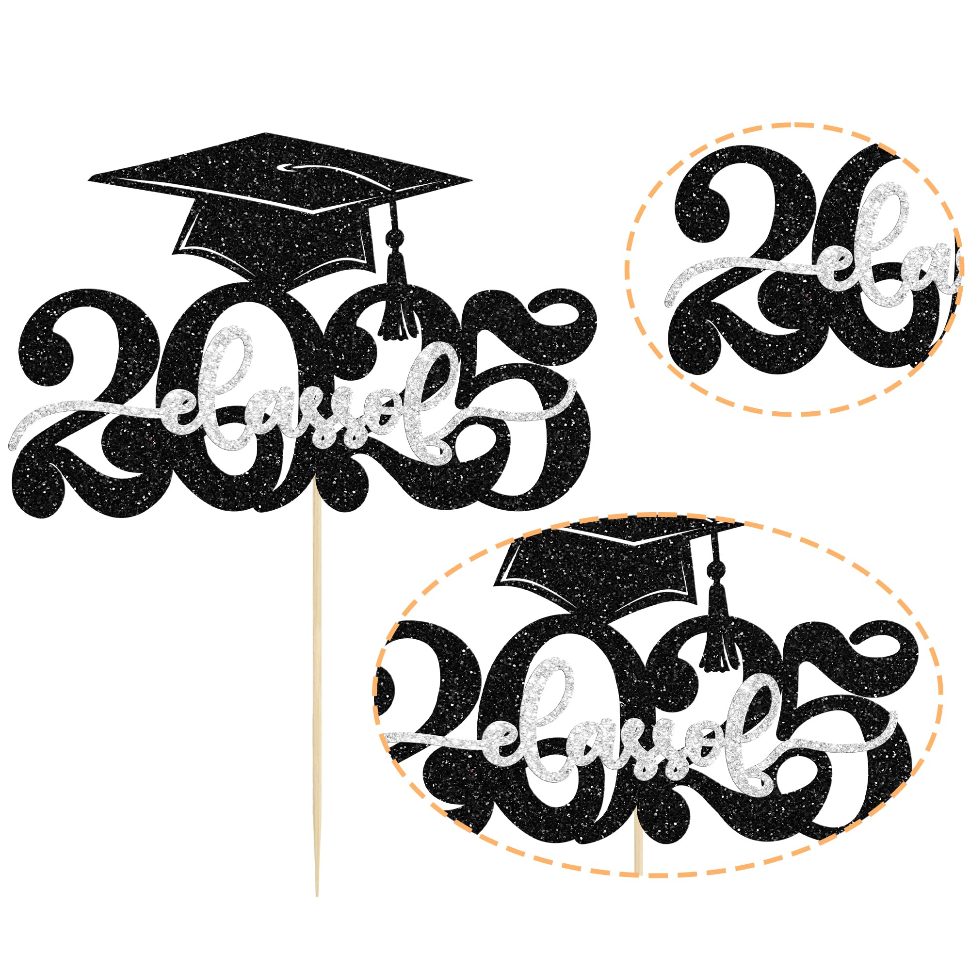 Gyufise 1Pcs 2026 Graduation Cake Topper Glitter Congrats Grad Cap Class of 2026 Cake Pick for 2026 Graduation Theme High School Boys Girls Graduate Party Cake Decorations Supplies Silver - Image 3