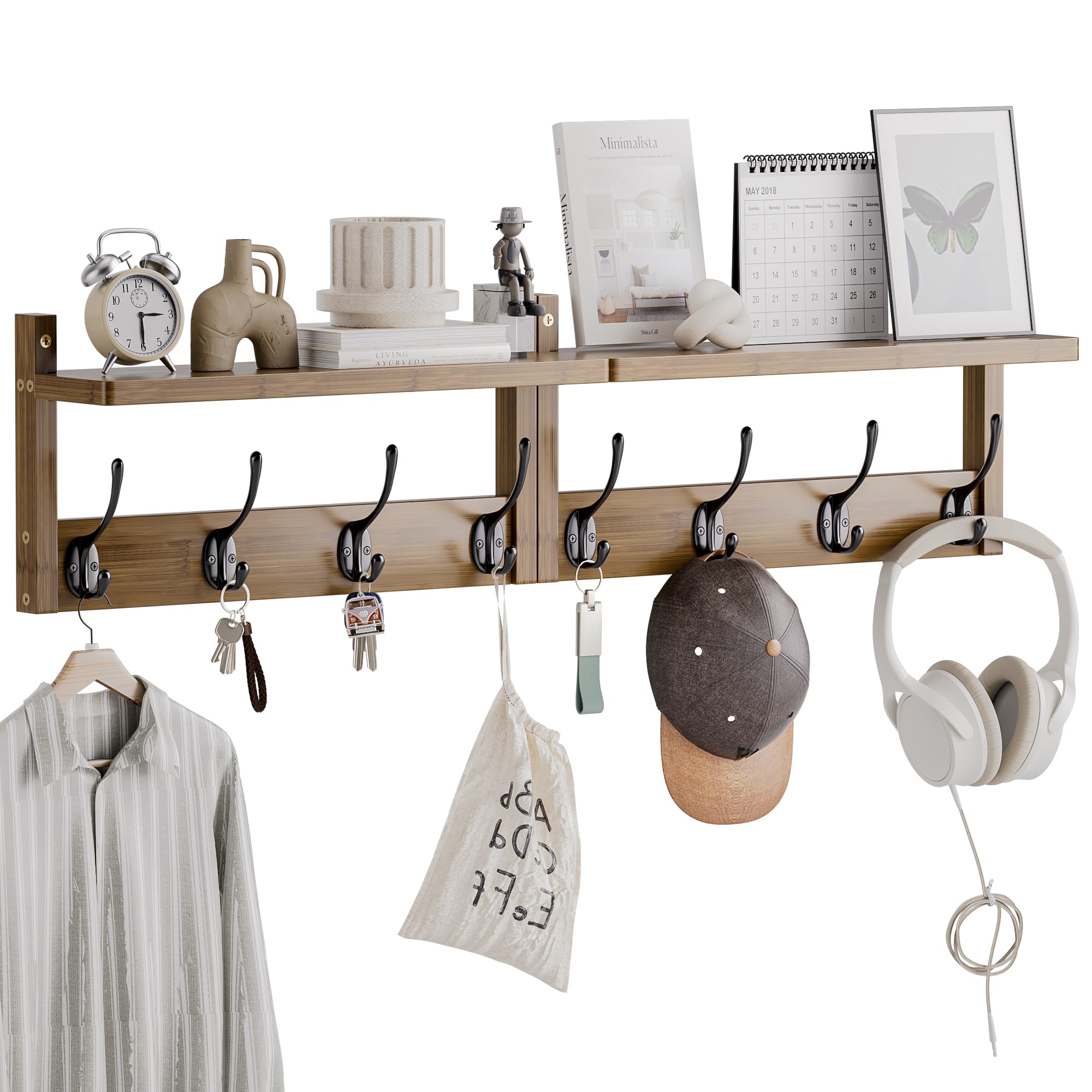 STELLSTAR Coat Rack with Shelf Wall Mount, Entryway Bamboo Hanging Shelf, Set of 2, Wall Hook Rail for Hallway Décor