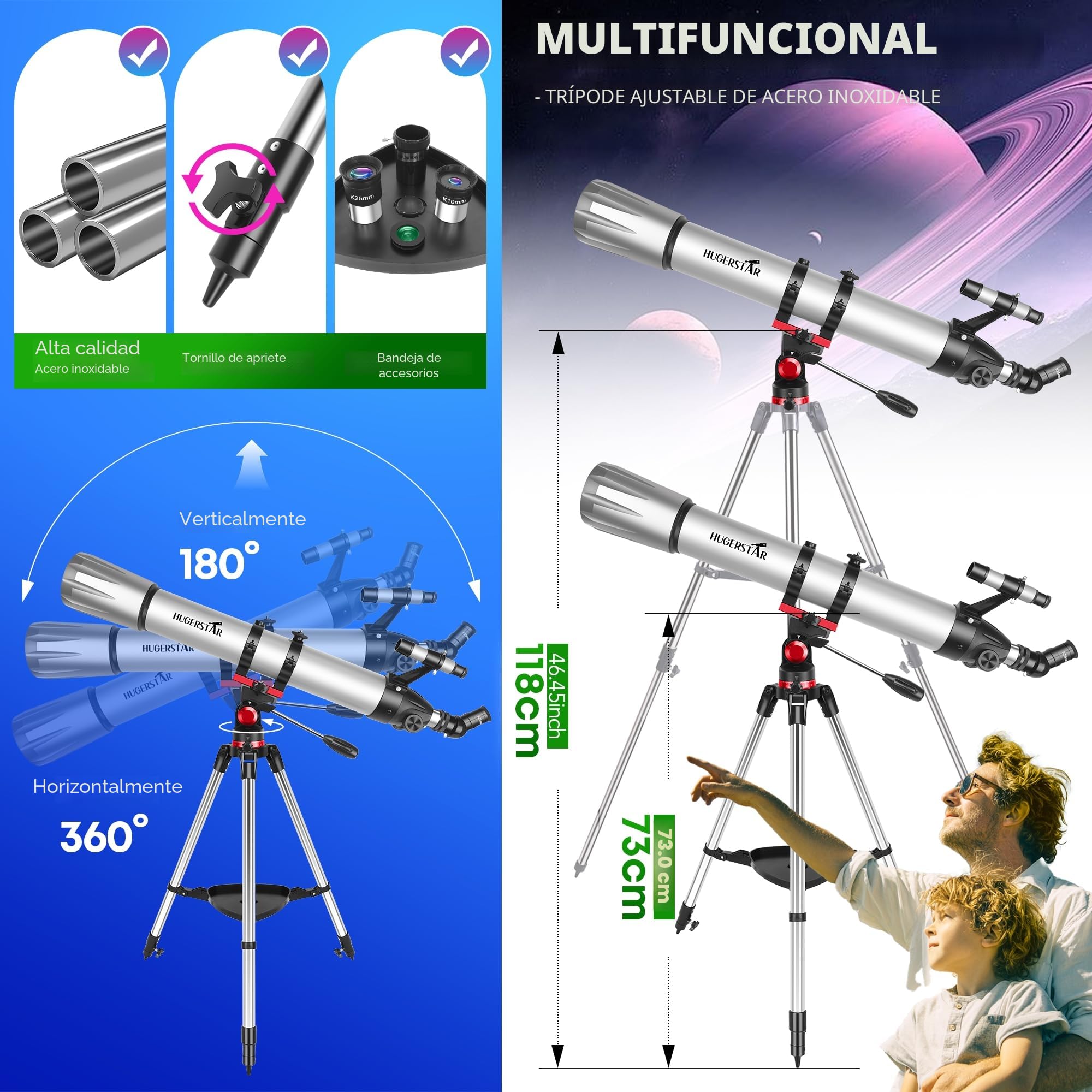 Telescopio Astronómico Adultos Profesional, 90 mm Apertura 900 mm (36X-270X) Portátil Refractor Telescopio para Niños y Principiantes con Trípode, Adaptador de Teléfono, Filtro Lunar y Bolsa