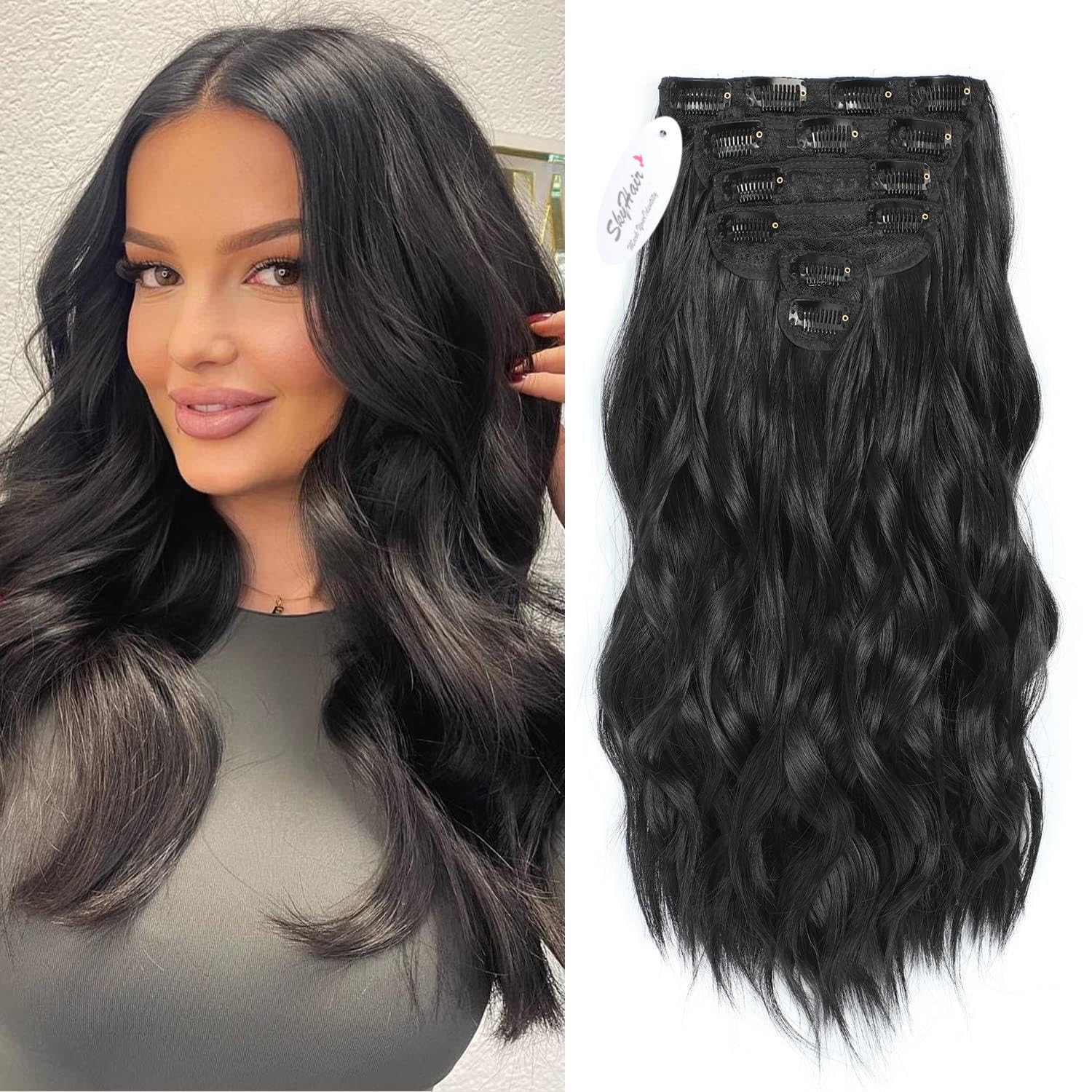 SkyHair BLACK 6 Pieces 13 Clips Set PREMIUM Matte Finish Hair Extensions | Instant Volume and Length Clip In Volumizer for Women and Girls | 24 Inches (Light Curly/Wavy)