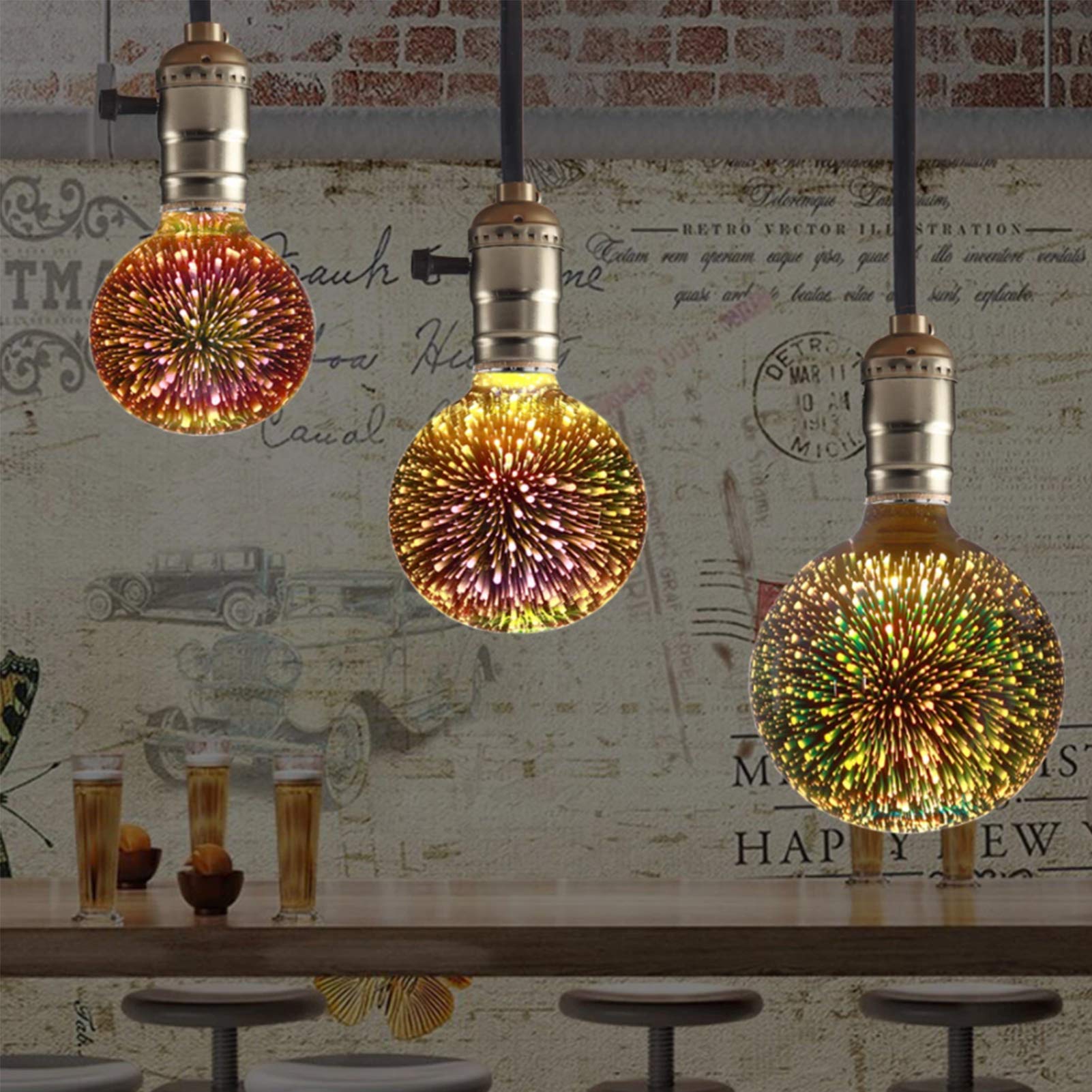 Ampoule Edison Source lumière LED Feux d'artifice 3D Ampoule décorative E27 G95 4W, utilisée l'éclairage d'ambiance décoratif, 6 paquets, blanc chaud