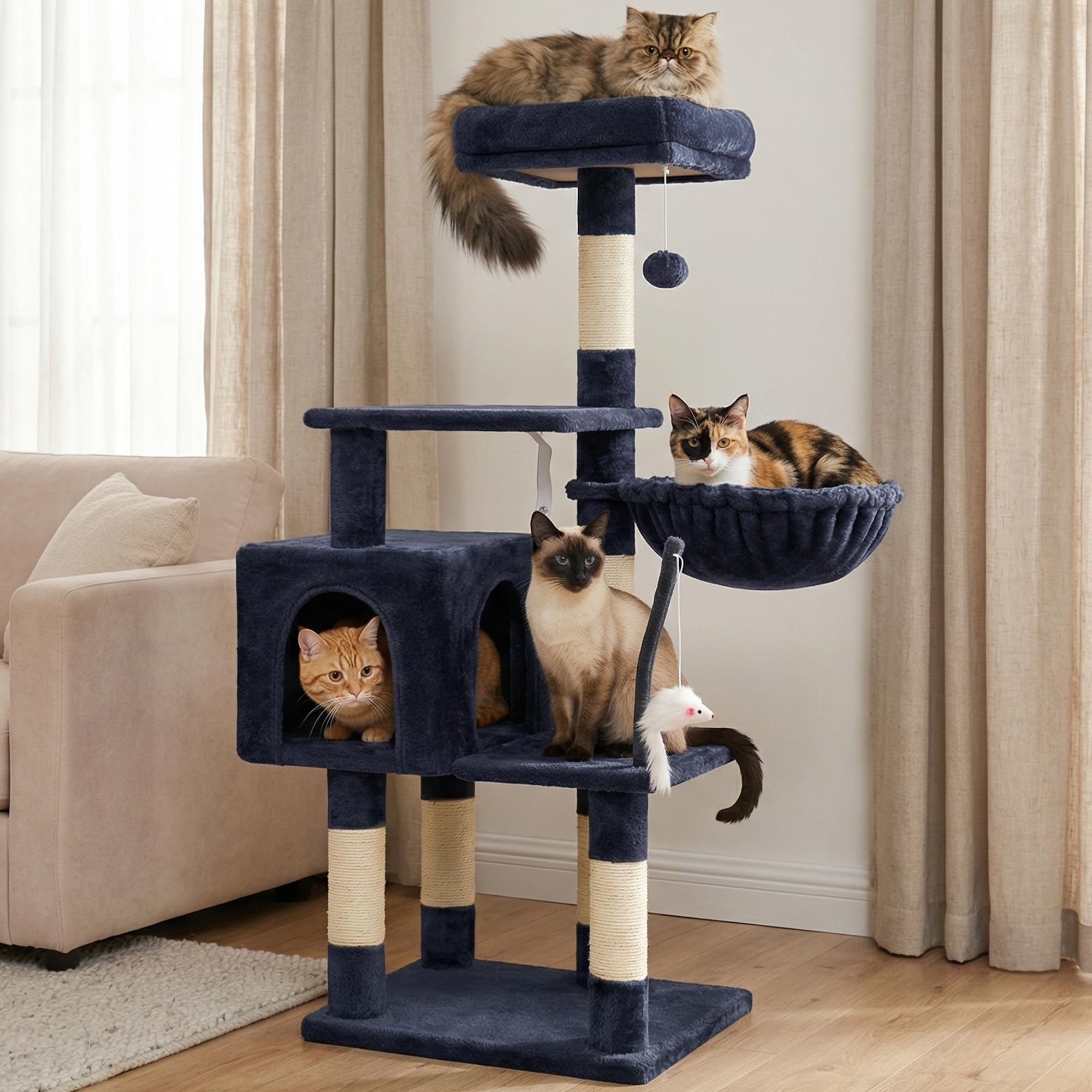Hey-brother Tiragraffi per Gatti, con Cuccia, Topolino finto, MPJ004SG | 110cm Albero per Gatti Multilivello, Cesta, Piattaforme in Peluche, Pompon, Ideale per gattini da interno, Grigio Fumo