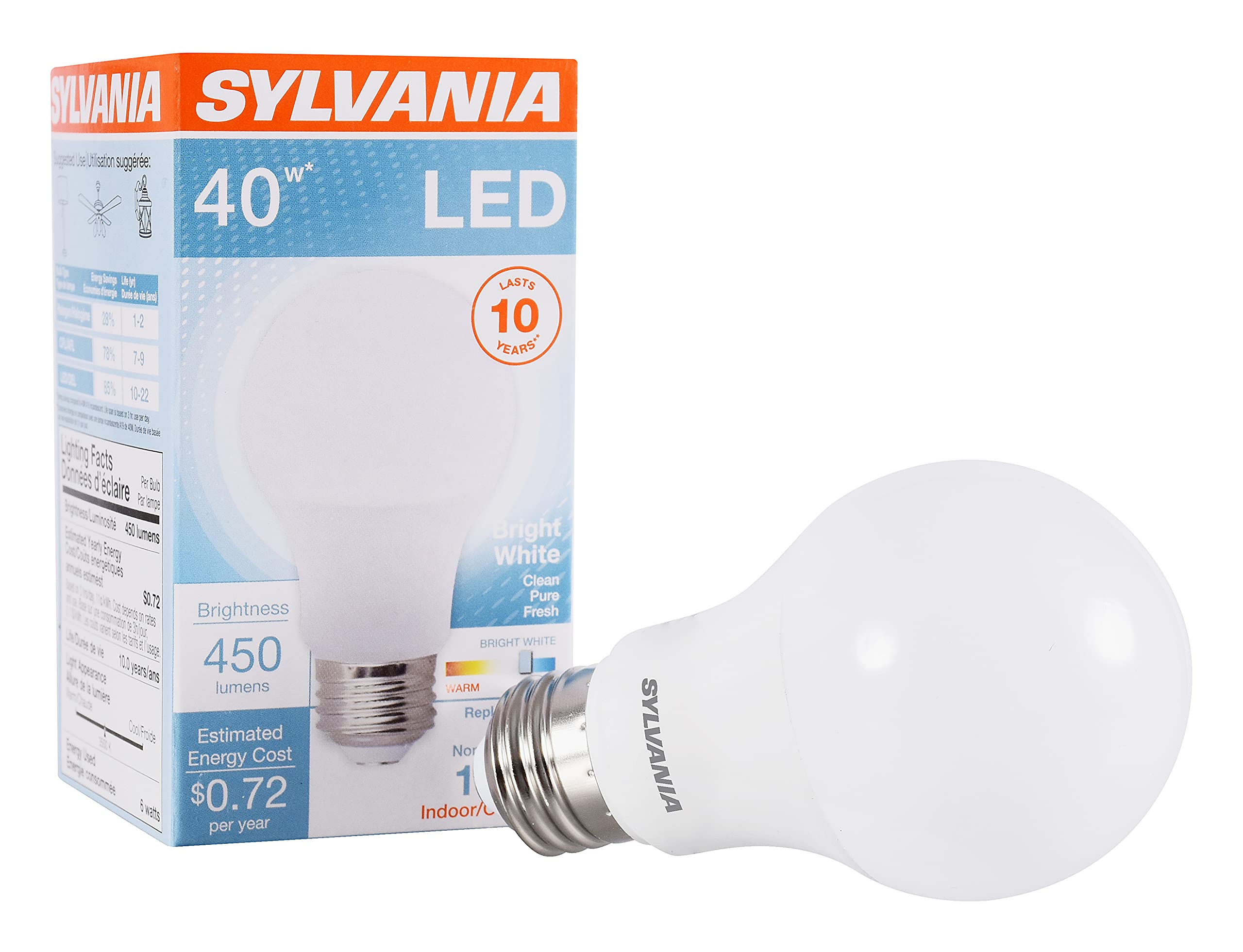 SYLVANIA LED Light Bulb 40W Equivalent A19 Efficient 6W Medium Base Frosted Finish Bright White - 1 Pack