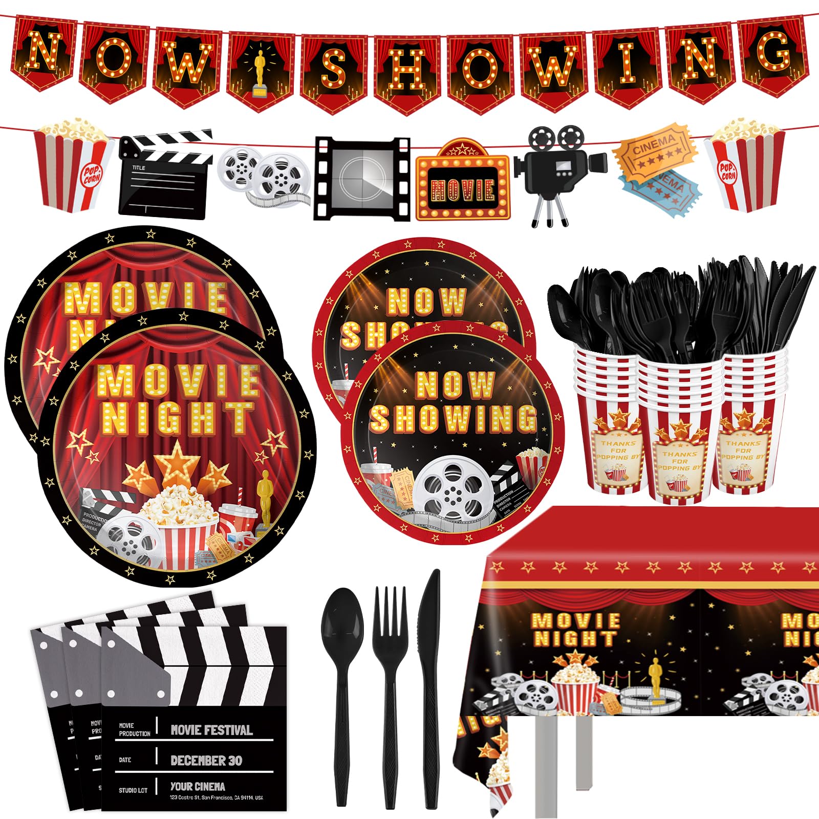 170pcs Movie Night Party Supplies Now Showing Paper Plates Napkins Disposable Tablecloth Banner Cups Theater Hollywood Clapboard Napkins Red Carpet