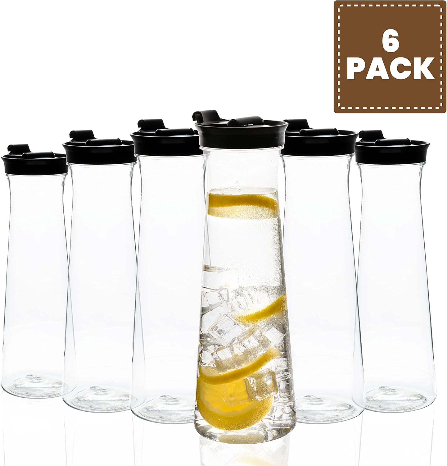 Clear Plastic Water Pitchers Carafes with Flip top Black Lids 34 OZ Heavy Duty Beverage Pitcher Jug for Juice or iced Coffee Great for Mimosa bar Restuarants ot Schools Pack of 6