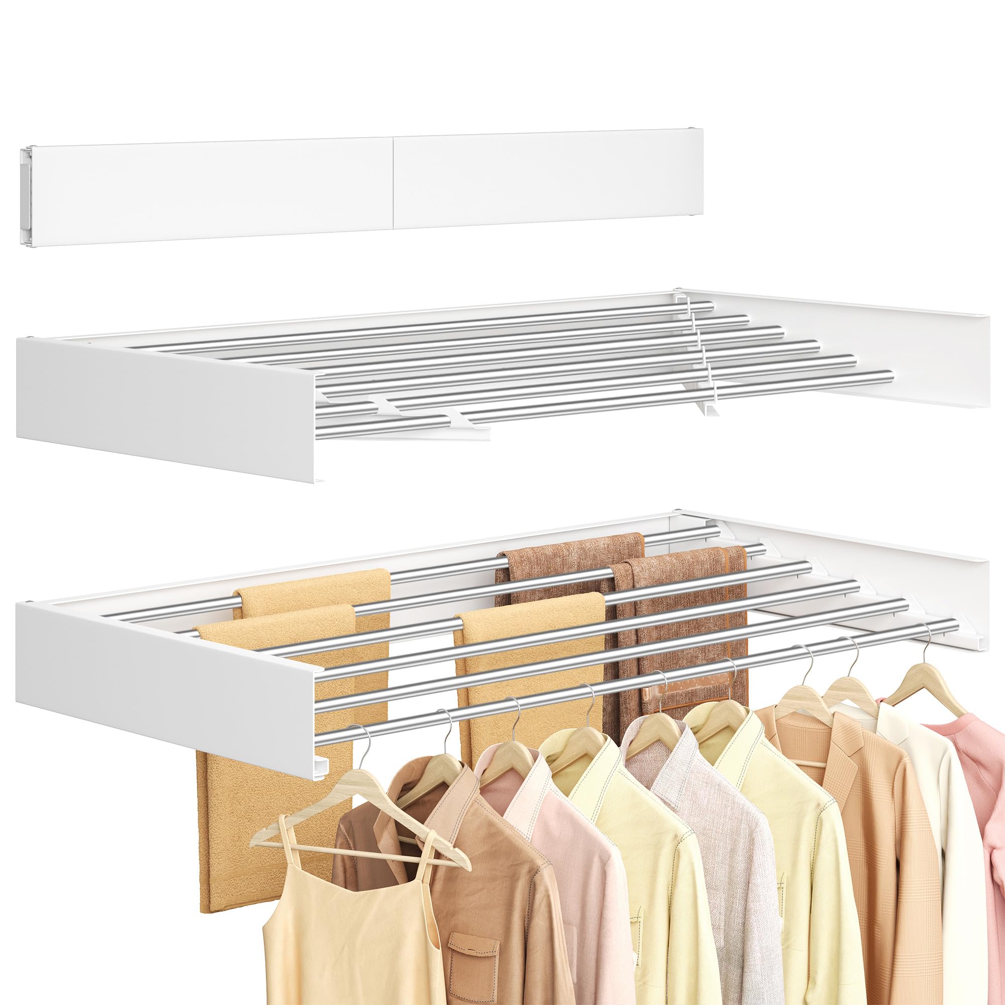 SONGMICS Wäscheständer Wandmontage, Wäschetrockner klappbar 6 Stangen, Wandwäschetrockner ausziehbar, Wandtrockner platzsparend, Bohrschablone, für innen, außen, 100 cm, mattweiß LLR810WE01