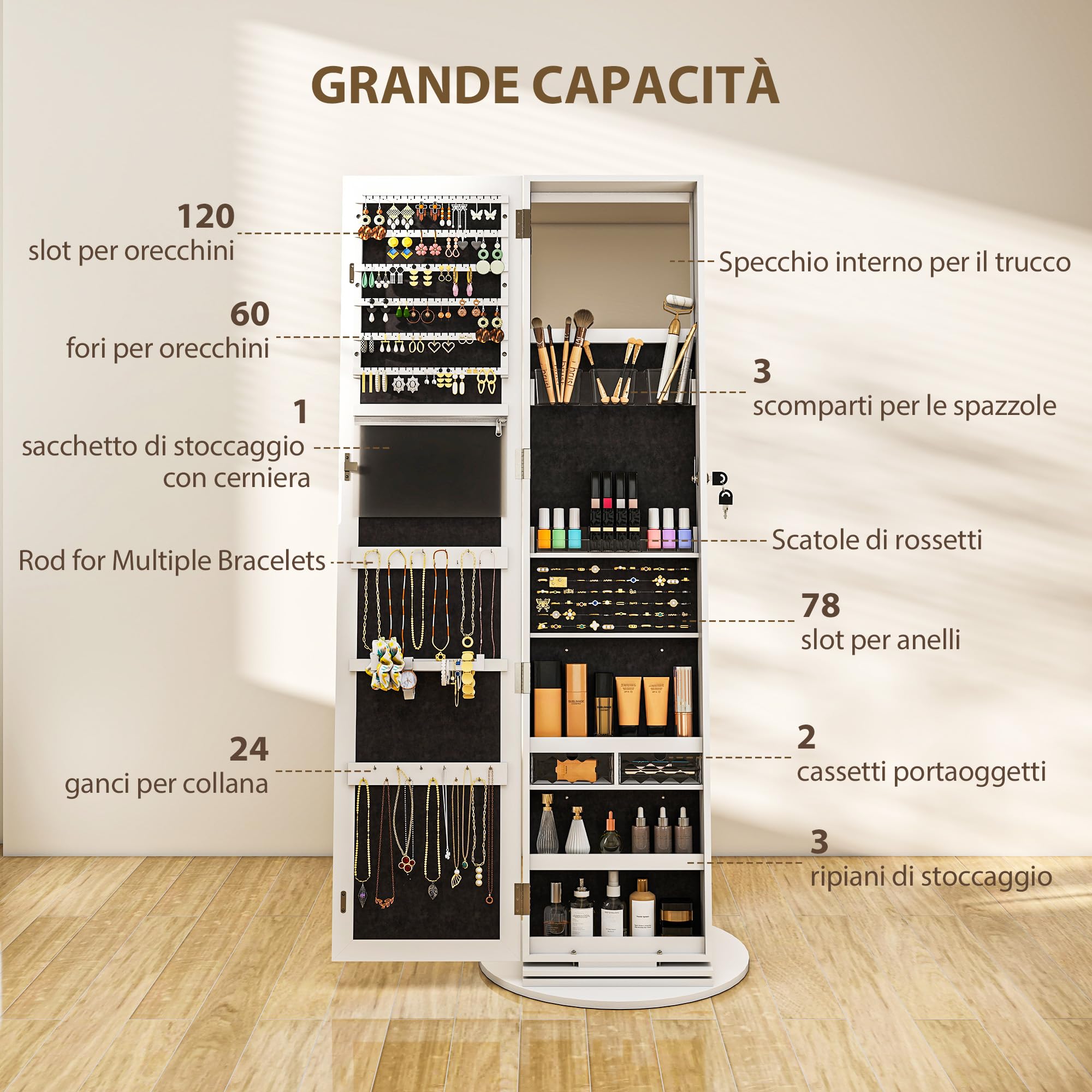 HOMCOM Specchio Portagioie Girevole a 360°, Armadietto Portagioie con Serratura con Chiave, Specchio a Figura Intera con 3 Ripiani sul Retro e 2 Cassetti, 55x55x161 cm, Bianco