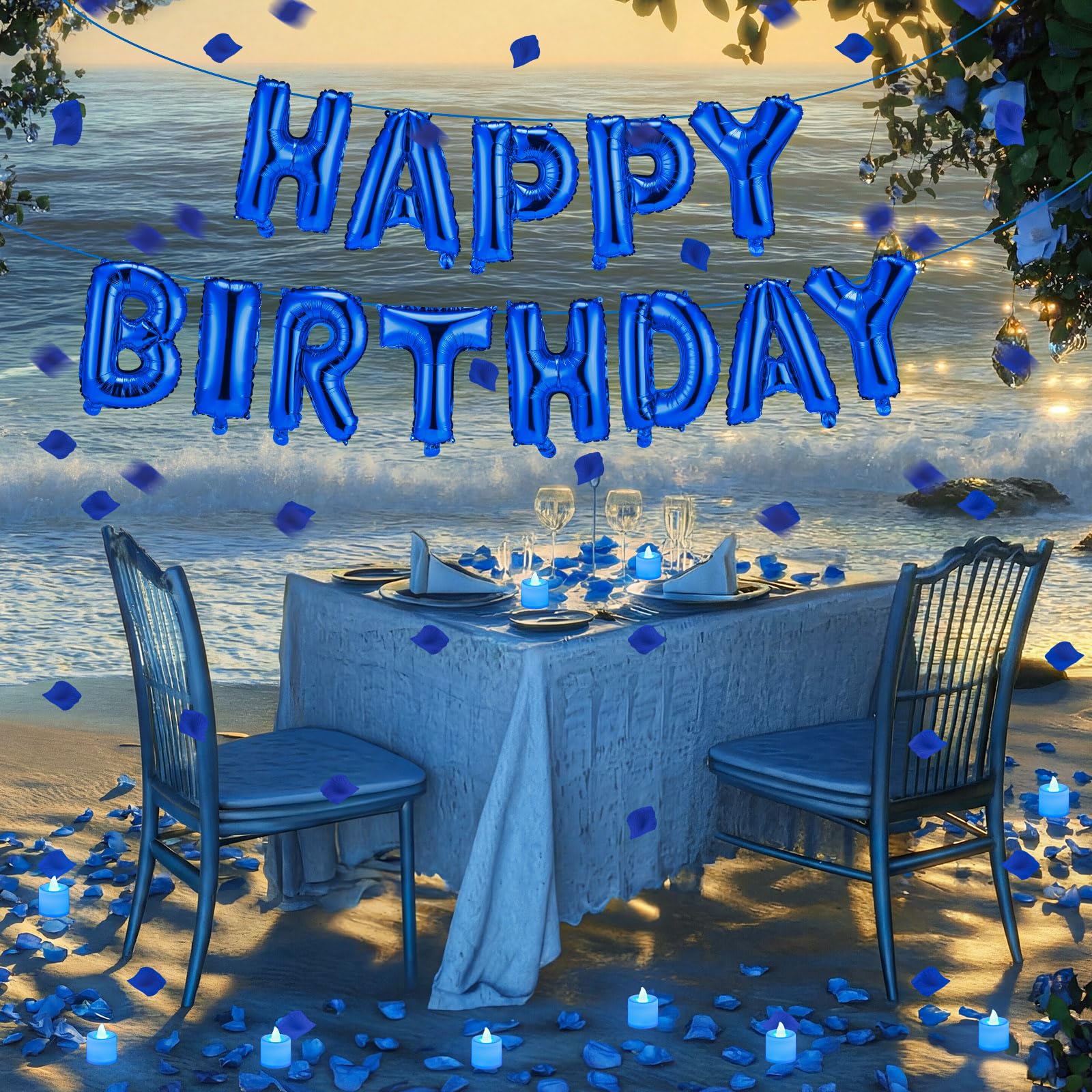 Bannière de ballons bleus « Happy Birthday » de 40,6 cm avec 24 lumières LED et 2 000 pétales de rose bleus pour enfants et adultes, décorations de fête d'anniversaire